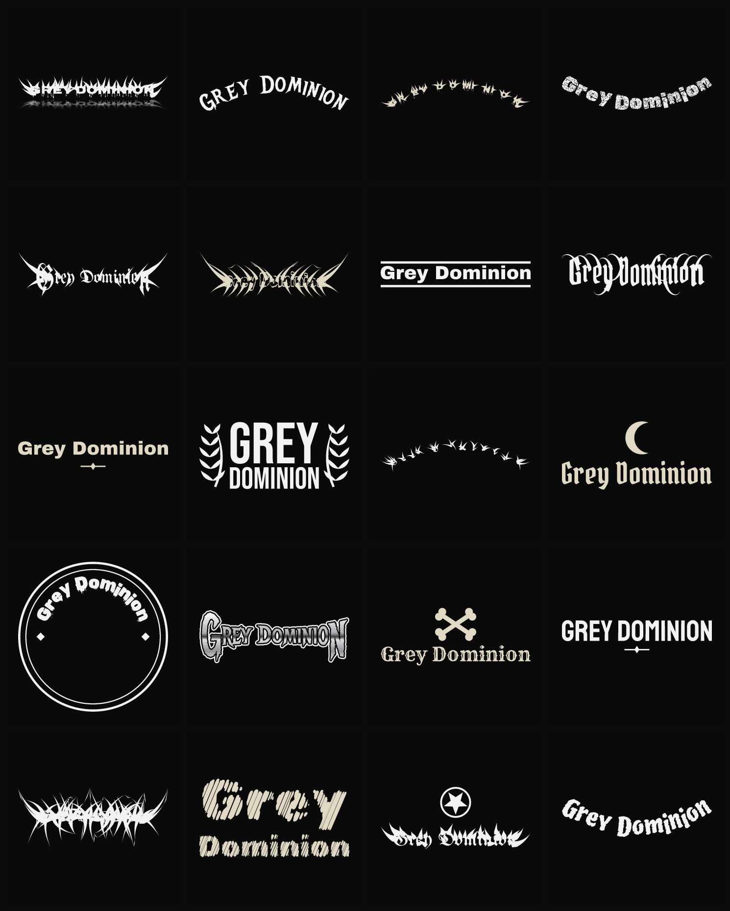 Twenty Grey Dominion band logo ideas — different faces, treatments and spike settings