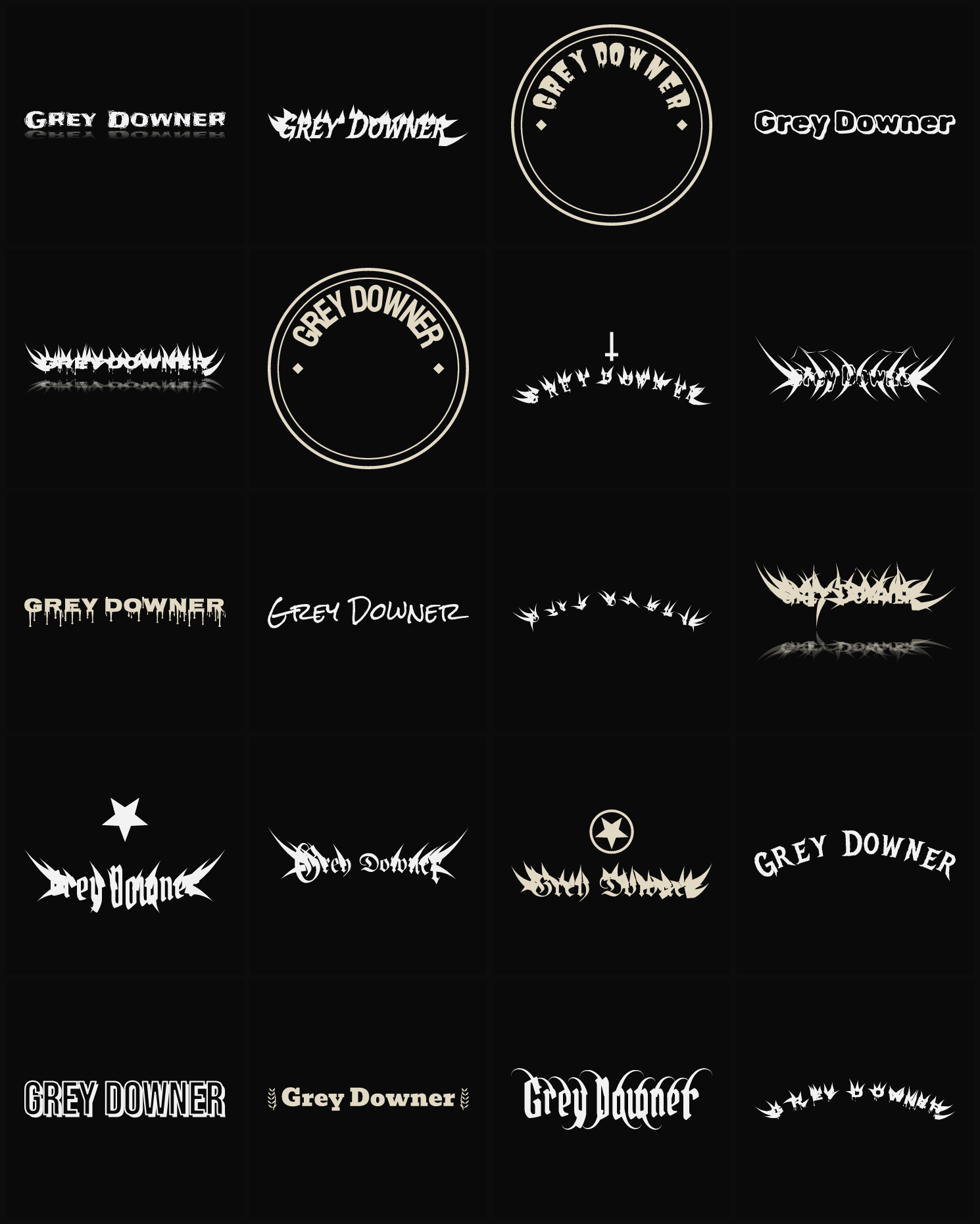 Twenty Grey Downer band logo ideas — different faces, treatments and spike settings