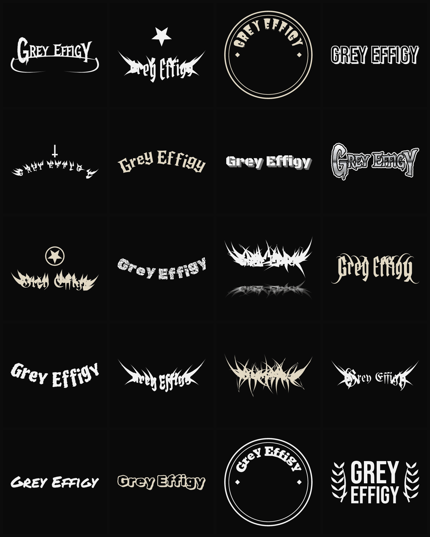 Twenty Grey Effigy band logo ideas — different faces, treatments and spike settings