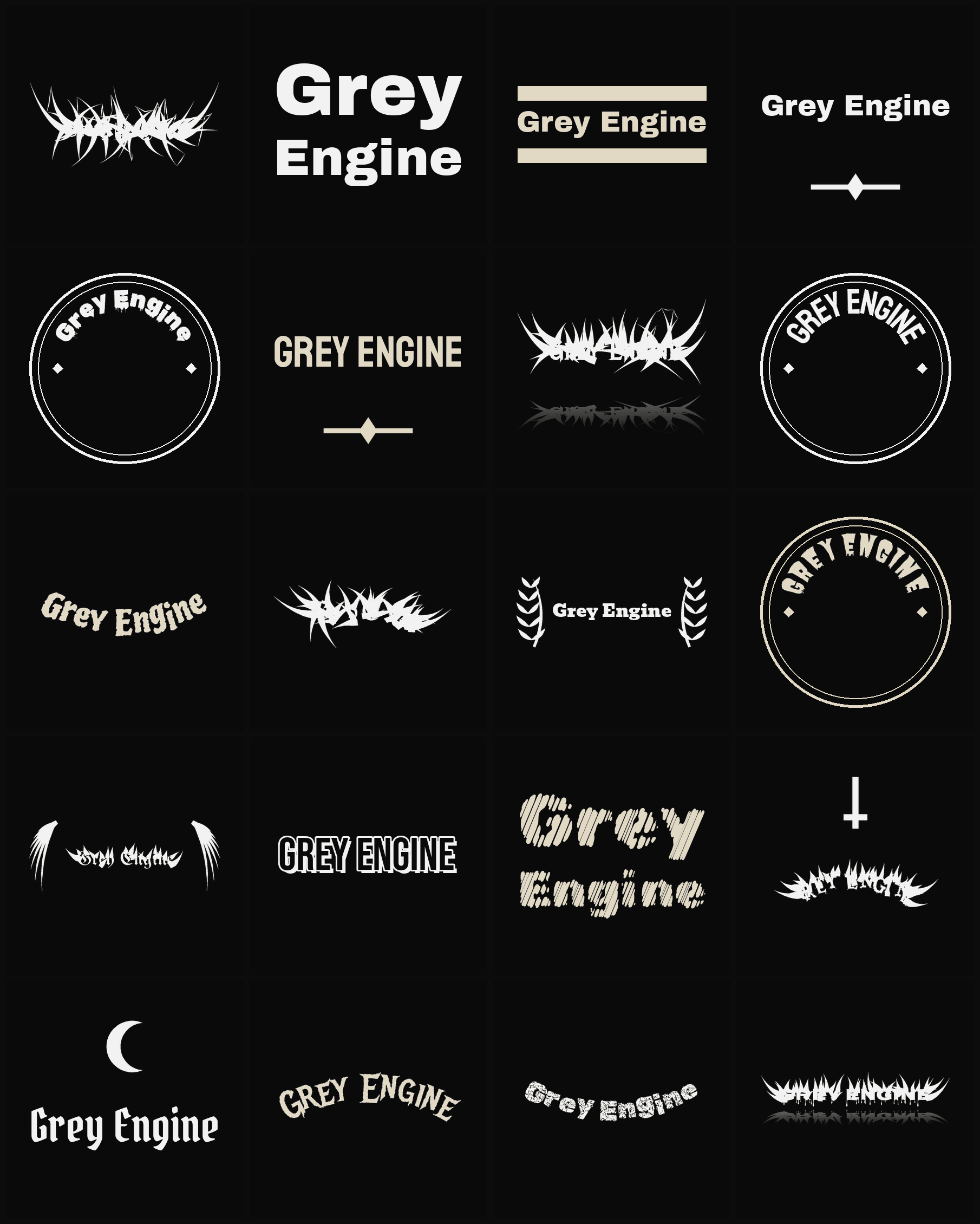 Twenty Grey Engine band logo ideas — different faces, treatments and spike settings