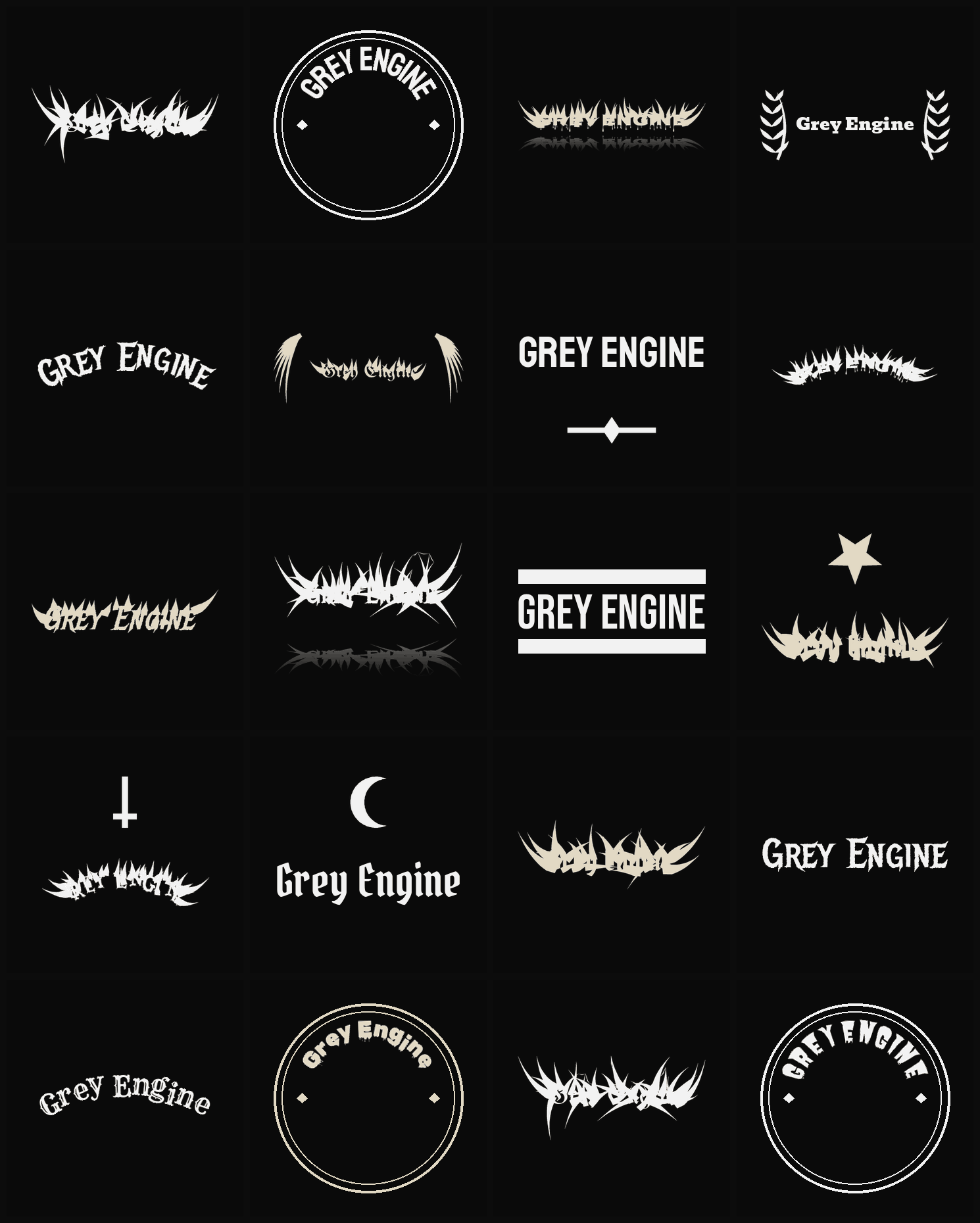 Twenty Grey Engine band logo ideas — different faces, treatments and spike settings