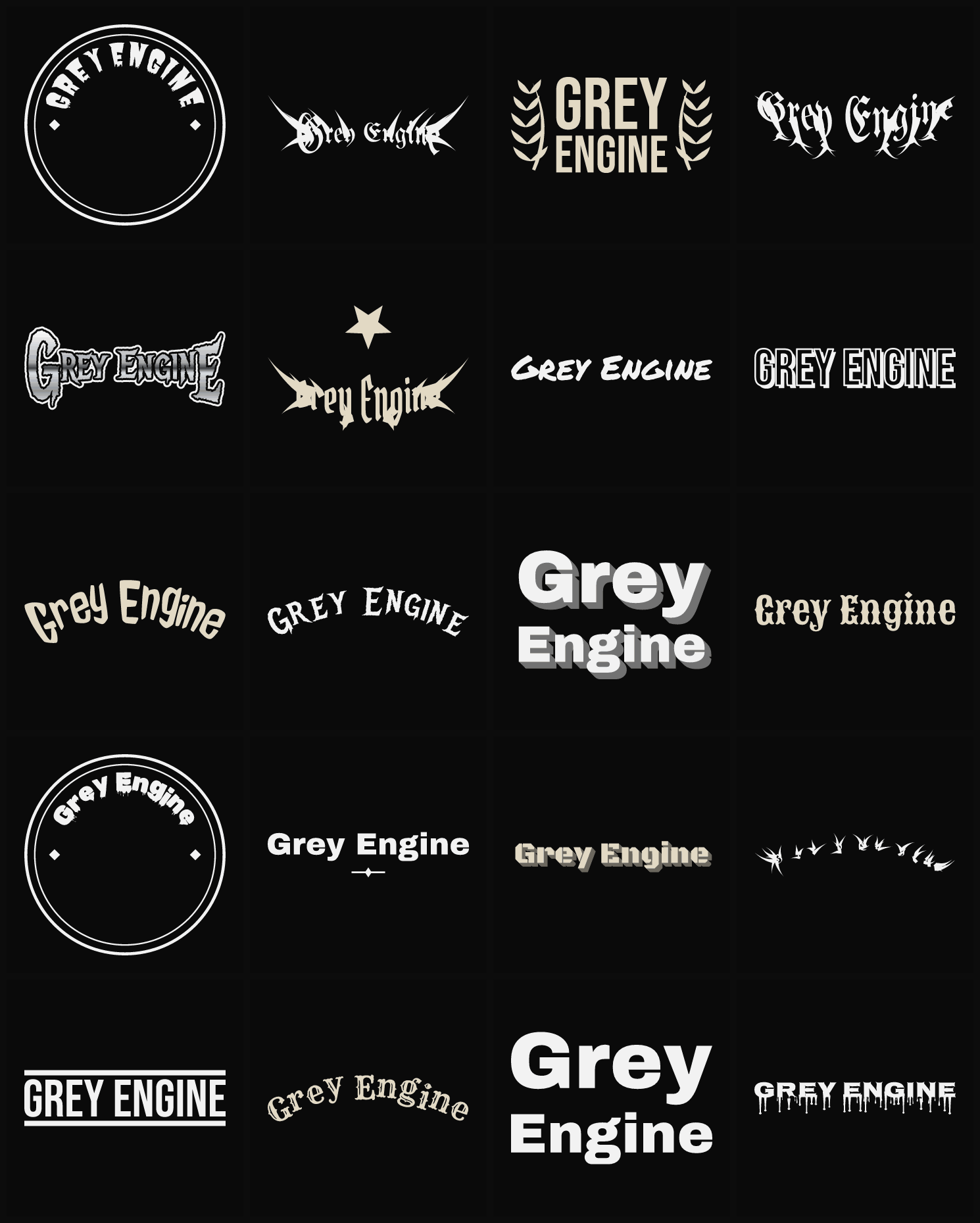 Twenty Grey Engine band logo ideas — different faces, treatments and spike settings