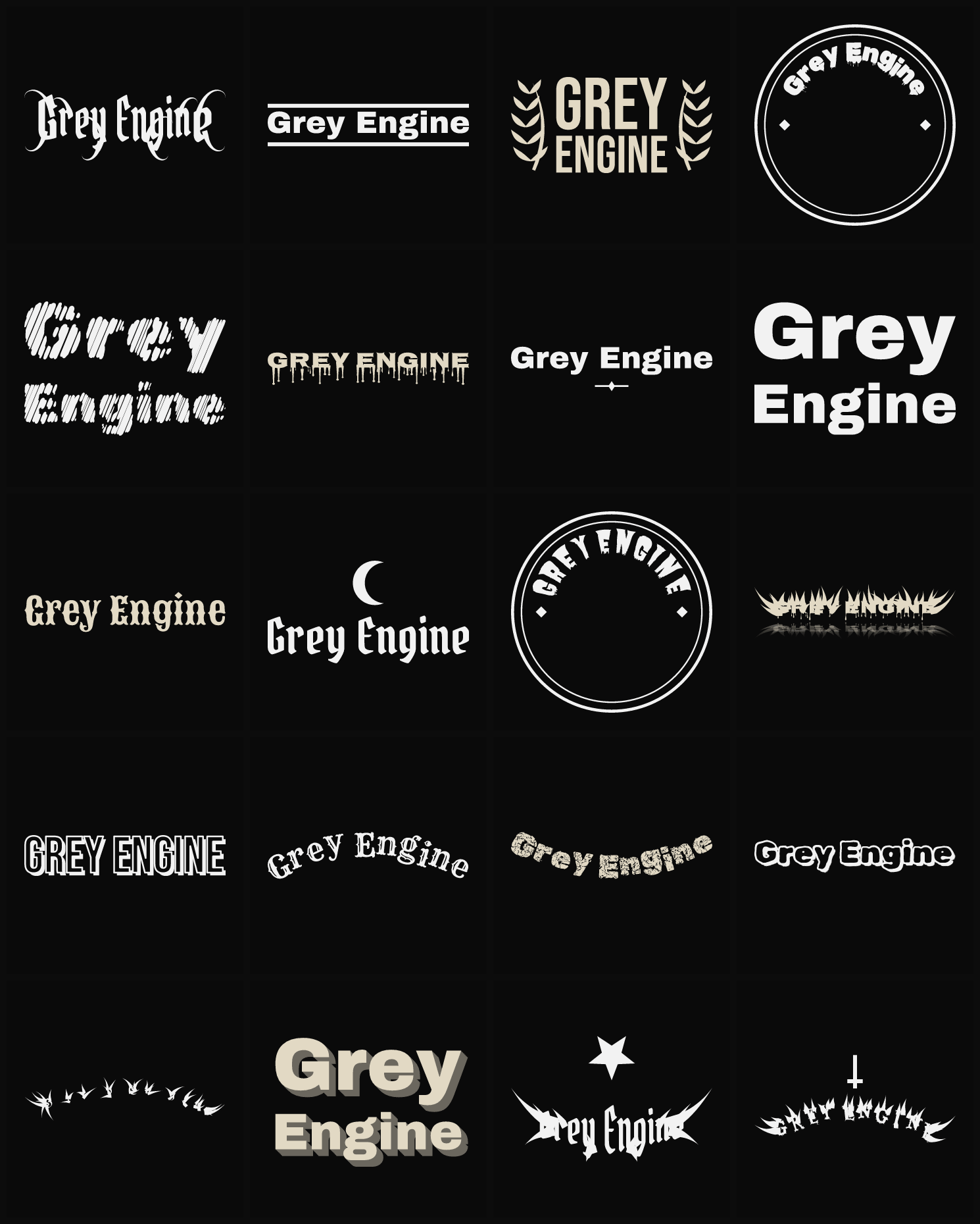 Twenty Grey Engine band logo ideas — different faces, treatments and spike settings