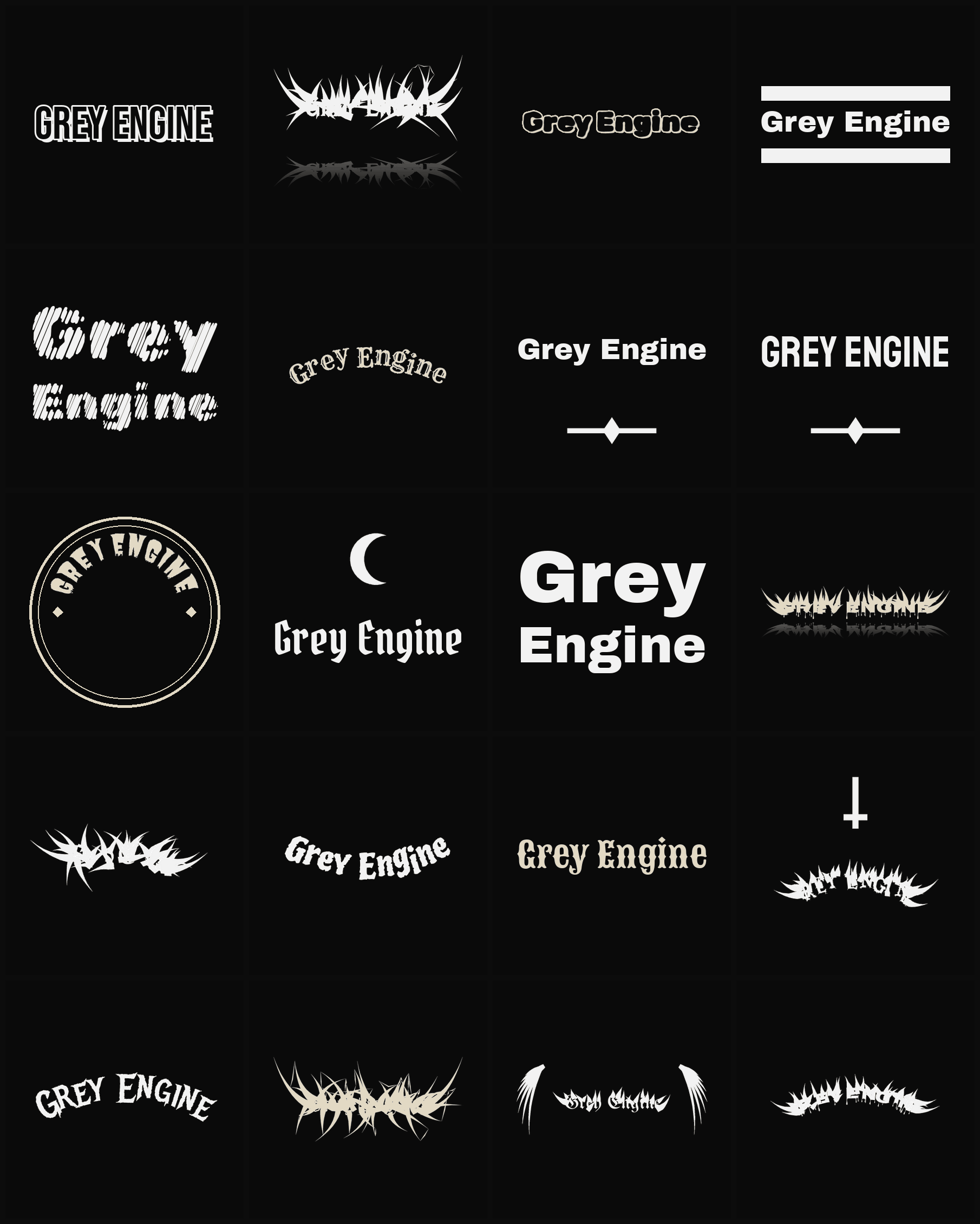 Twenty Grey Engine band logo ideas — different faces, treatments and spike settings
