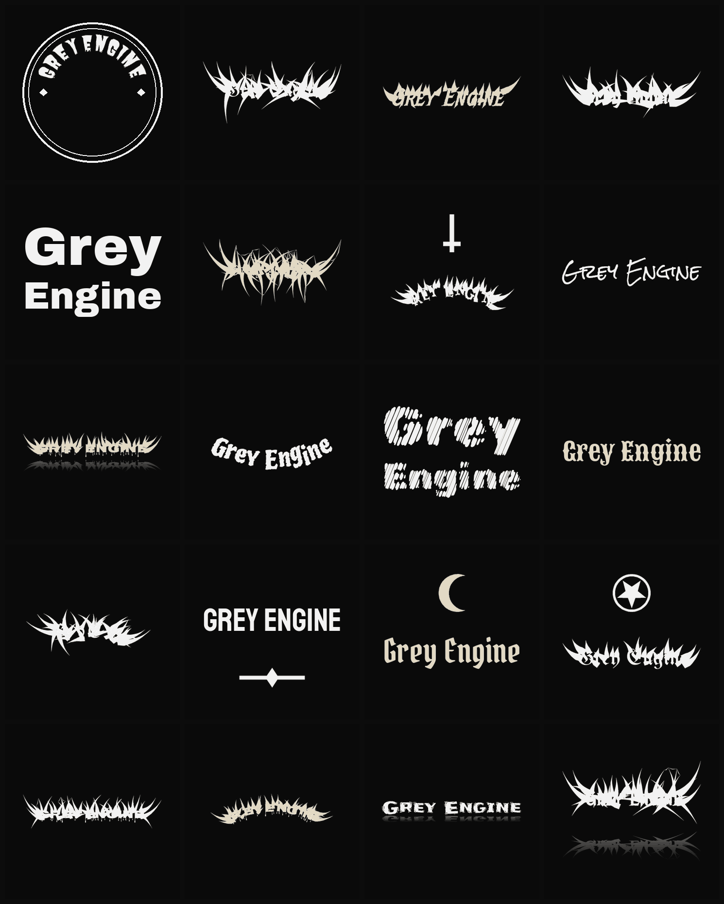 Twenty Grey Engine band logo ideas — different faces, treatments and spike settings