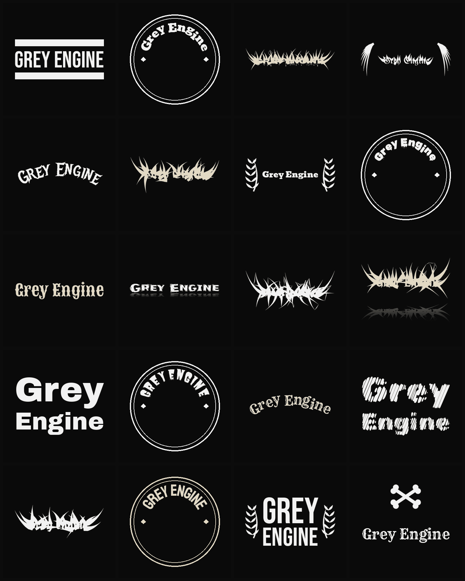 Twenty Grey Engine band logo ideas — different faces, treatments and spike settings