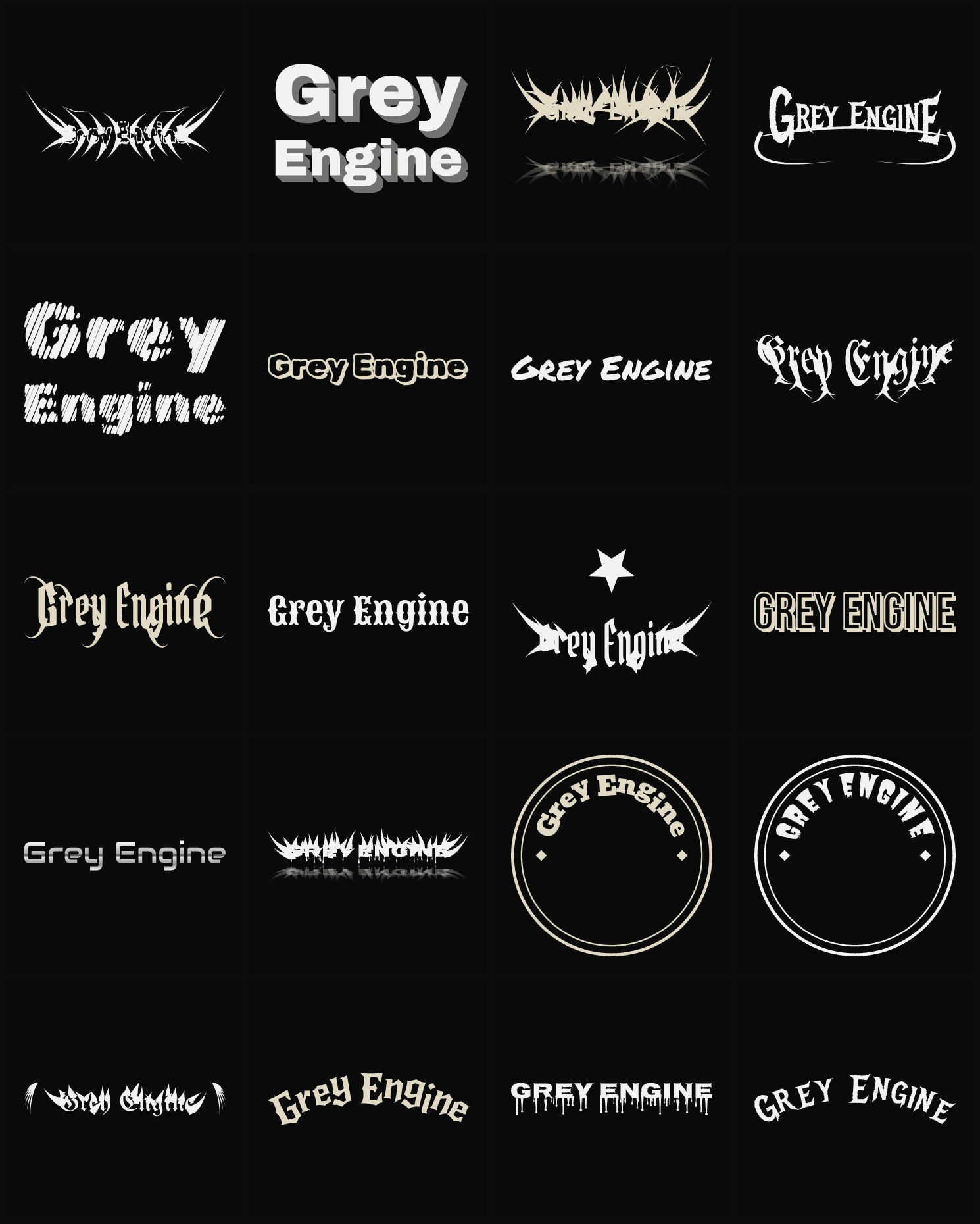 Twenty Grey Engine band logo ideas — different faces, treatments and spike settings