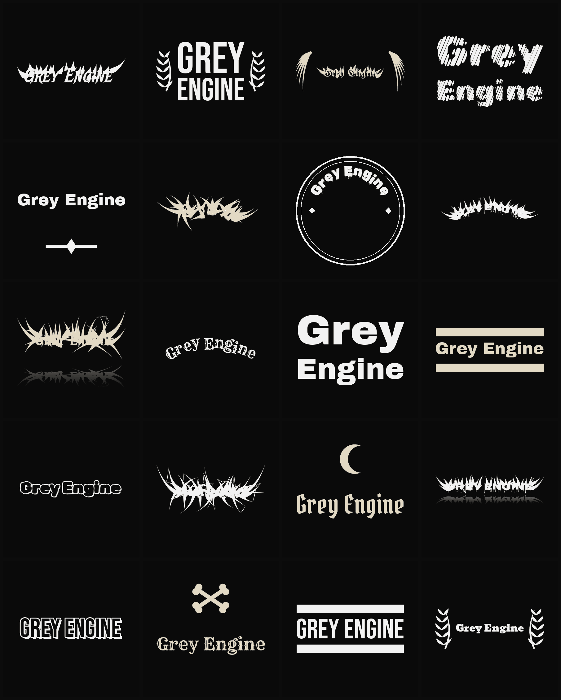 Twenty Grey Engine band logo ideas — different faces, treatments and spike settings