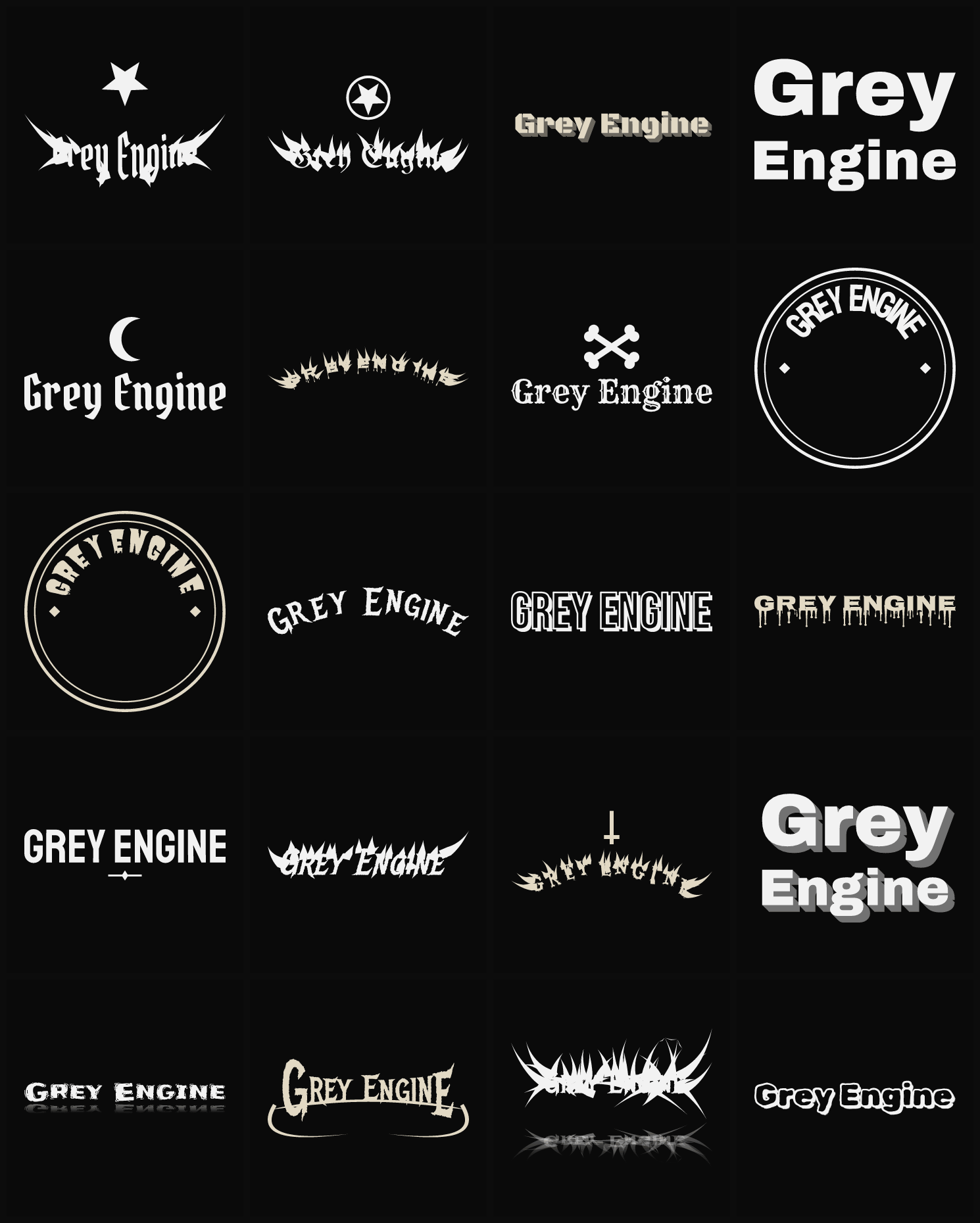 Twenty Grey Engine band logo ideas — different faces, treatments and spike settings
