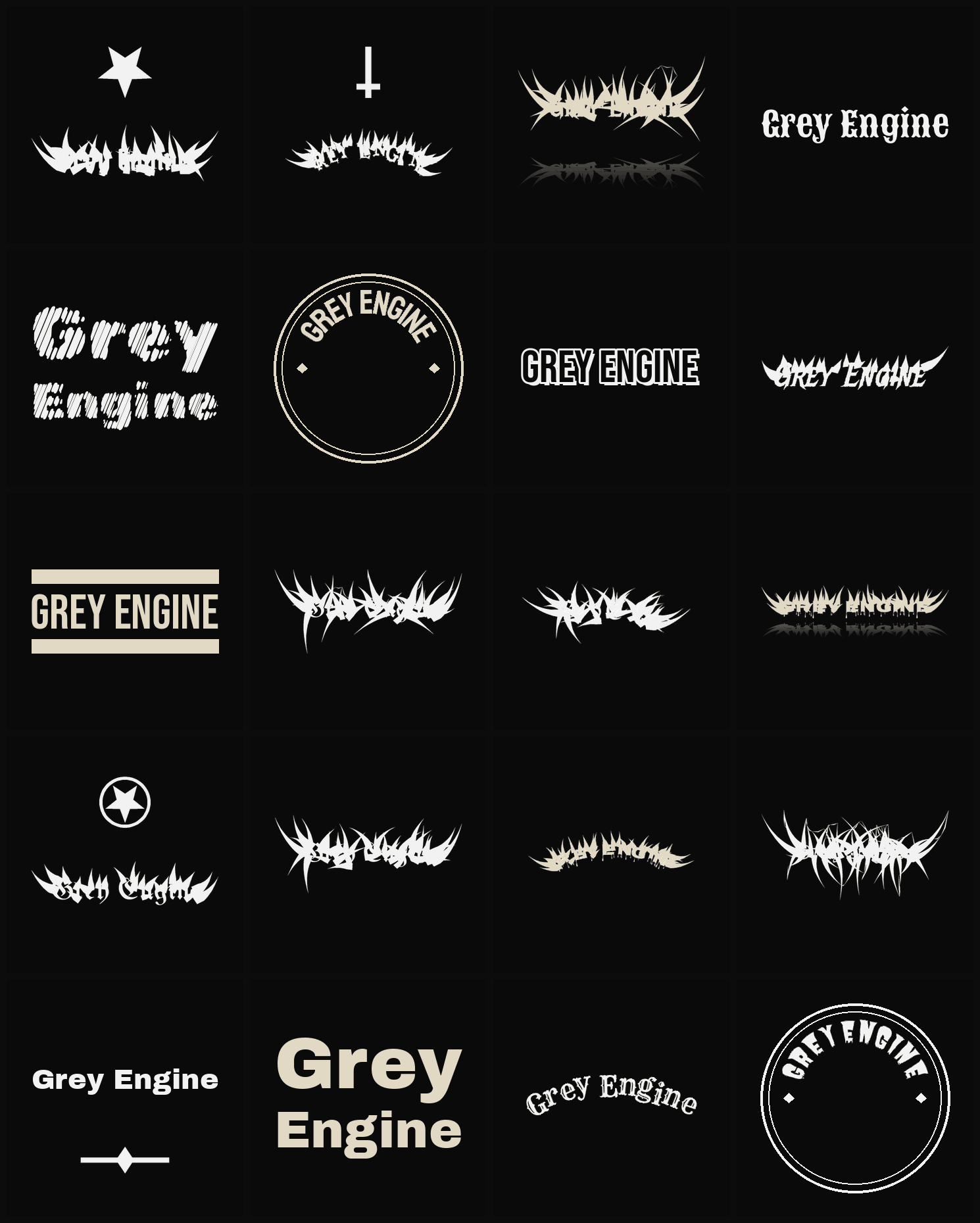 Twenty Grey Engine band logo ideas — different faces, treatments and spike settings