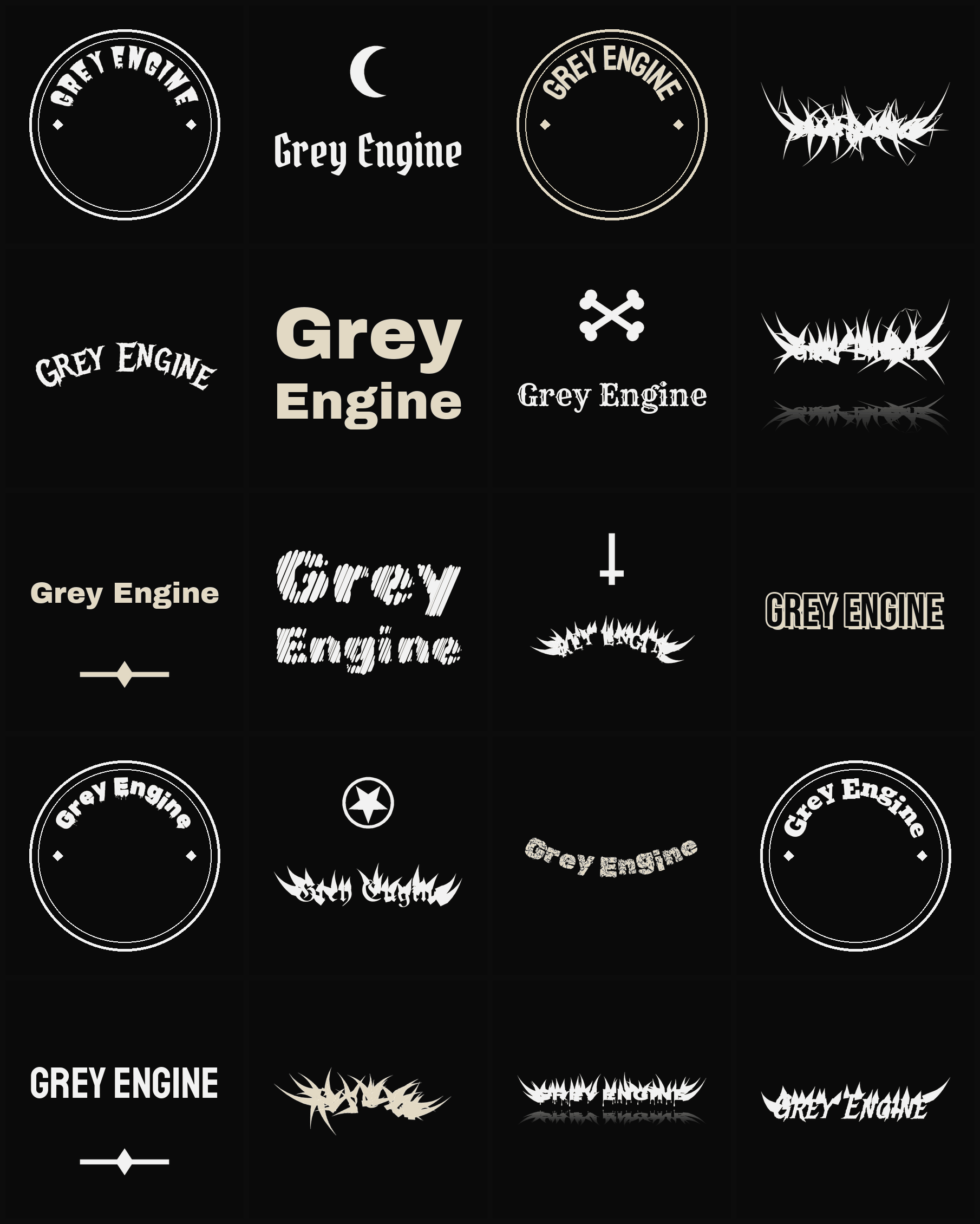Twenty Grey Engine band logo ideas — different faces, treatments and spike settings