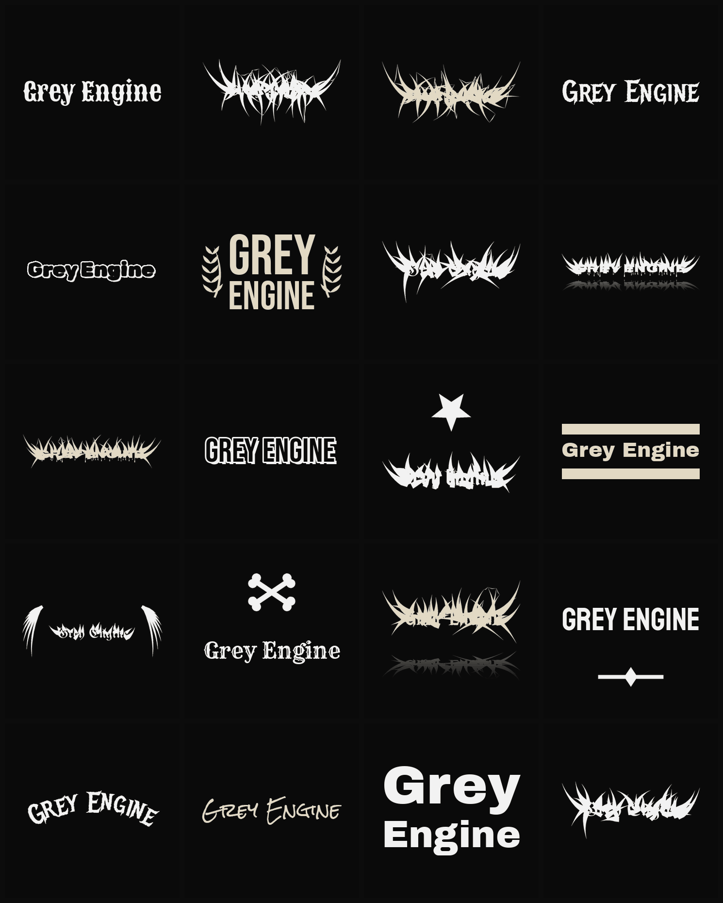 Twenty Grey Engine band logo ideas — different faces, treatments and spike settings