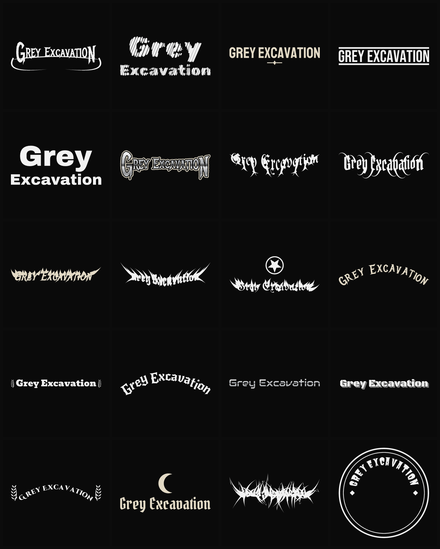 Twenty Grey Excavation band logo ideas — different faces, treatments and spike settings