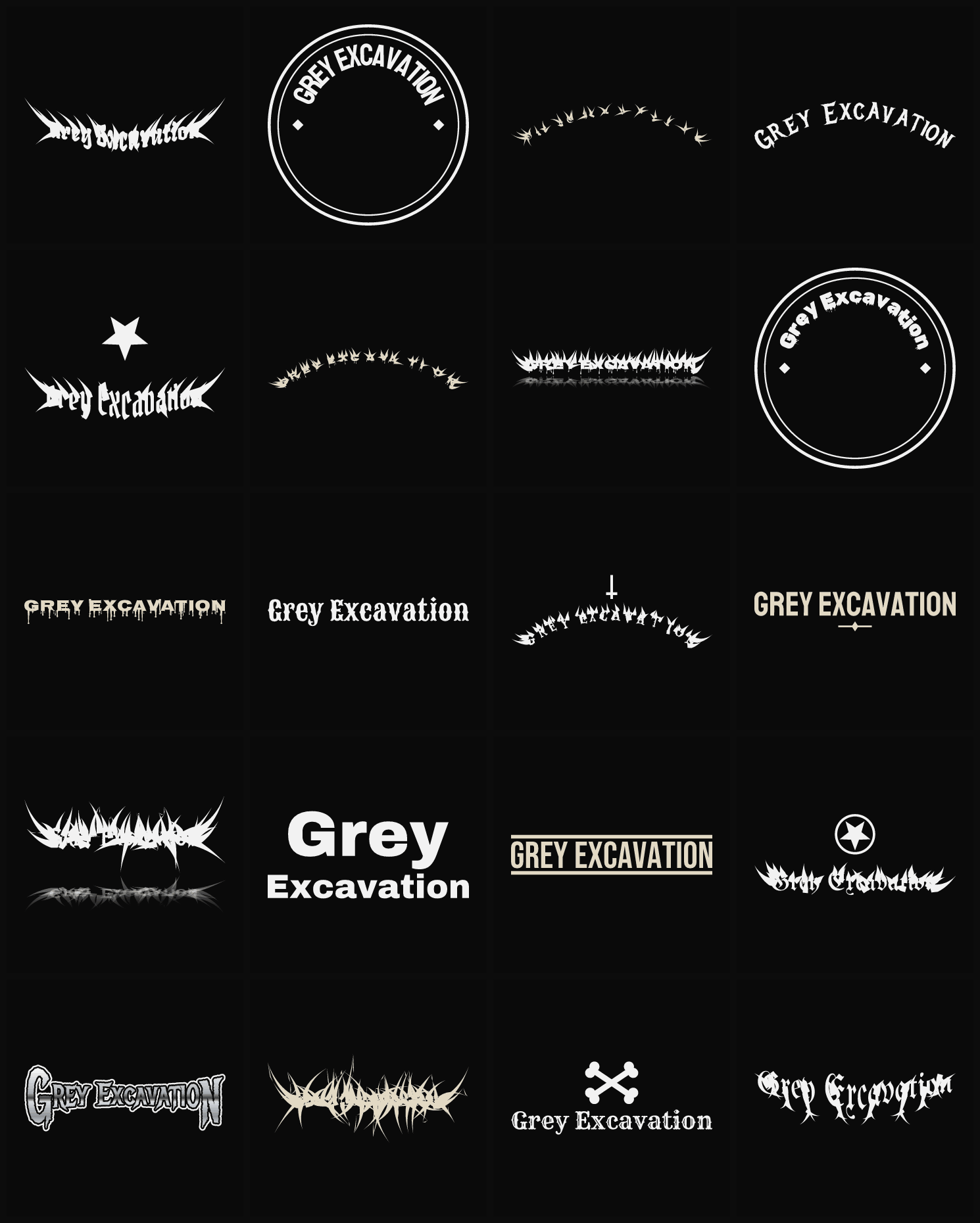 Twenty Grey Excavation band logo ideas — different faces, treatments and spike settings