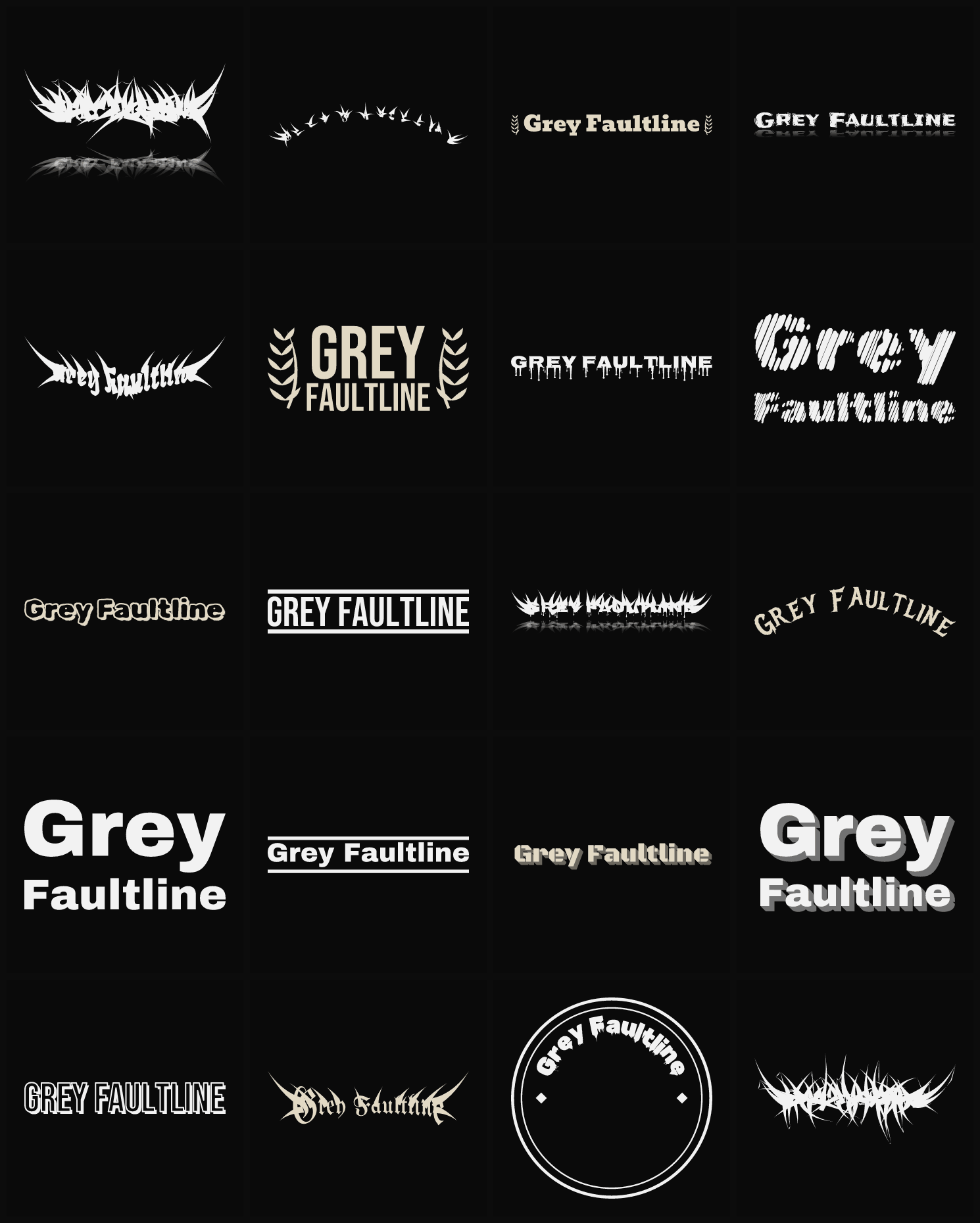 Twenty Grey Faultline band logo ideas — different faces, treatments and spike settings