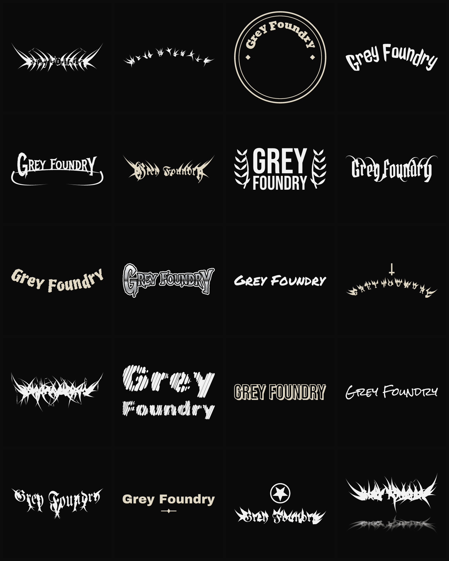 Twenty Grey Foundry band logo ideas — different faces, treatments and spike settings