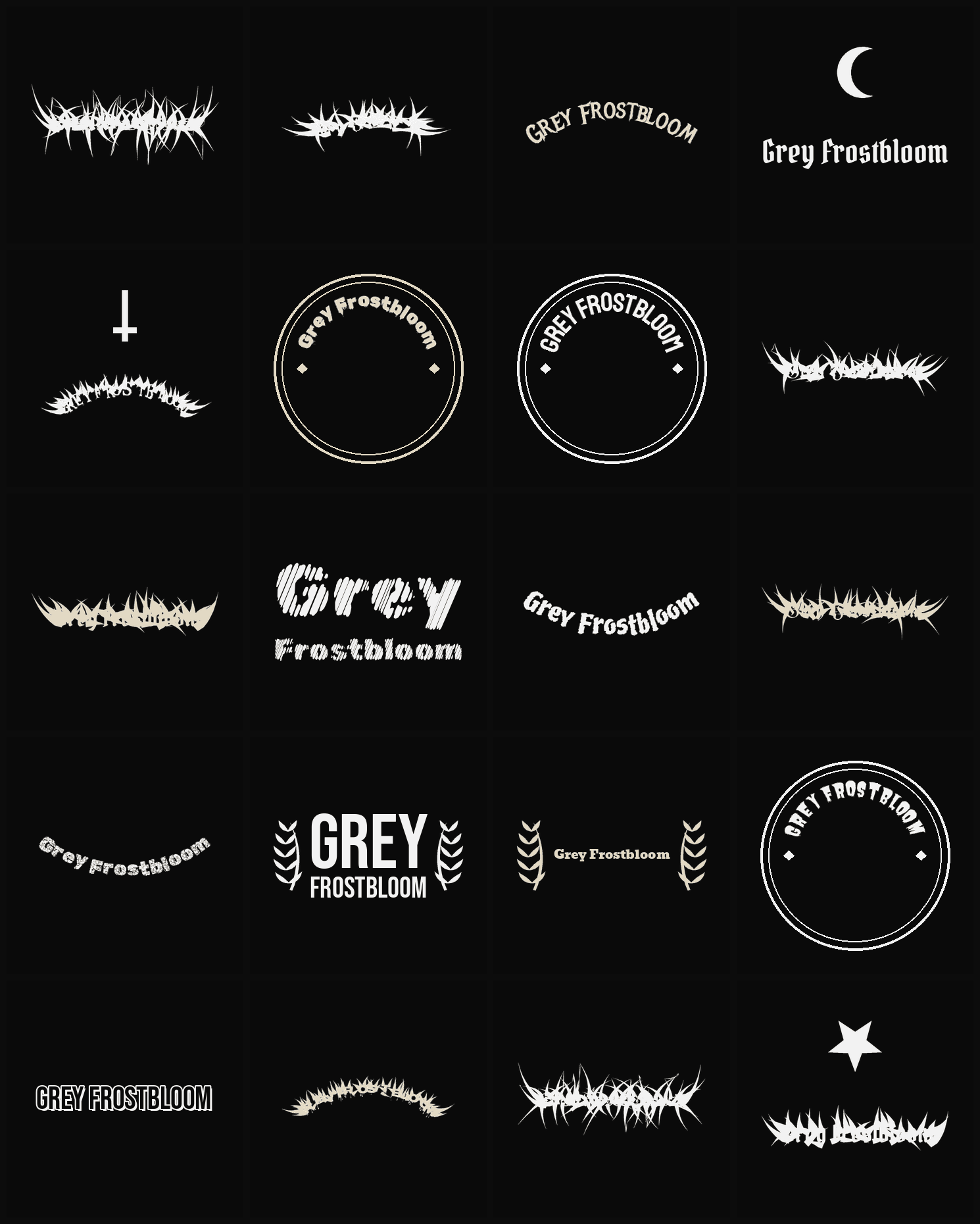 Twenty Grey Frostbloom band logo ideas — different faces, treatments and spike settings
