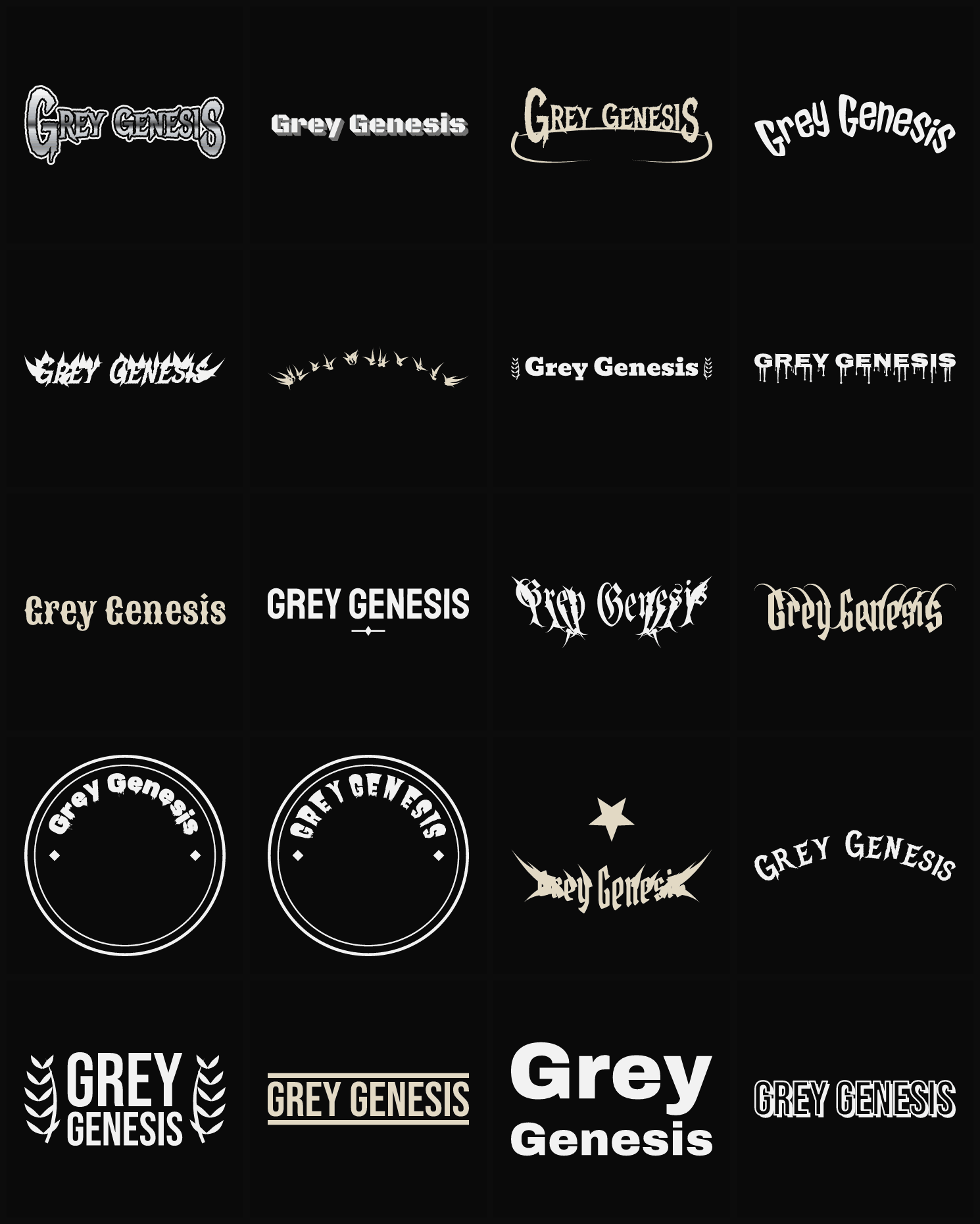 Twenty Grey Genesis band logo ideas — different faces, treatments and spike settings