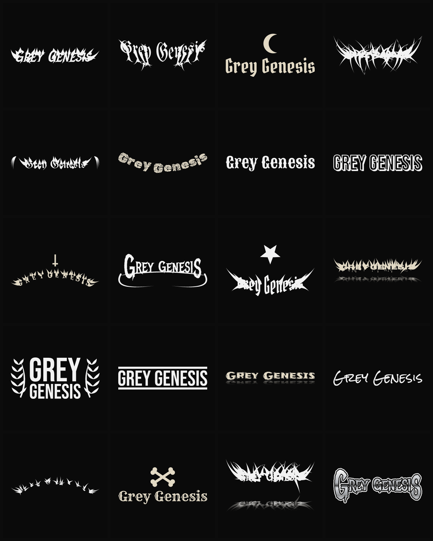 Twenty Grey Genesis band logo ideas — different faces, treatments and spike settings