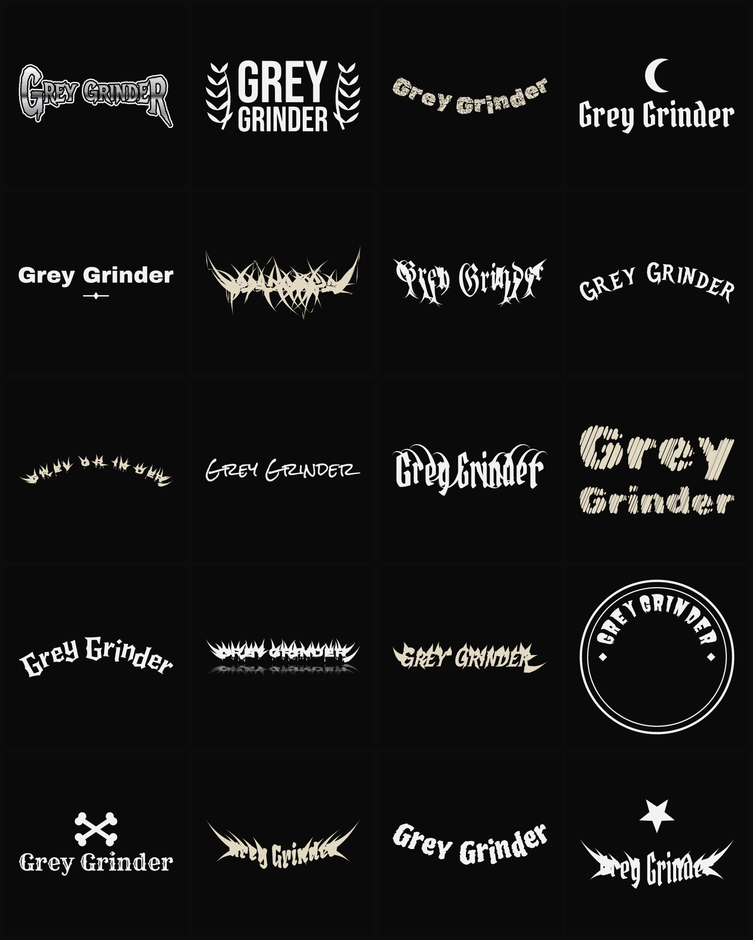 Twenty Grey Grinder band logo ideas — different faces, treatments and spike settings