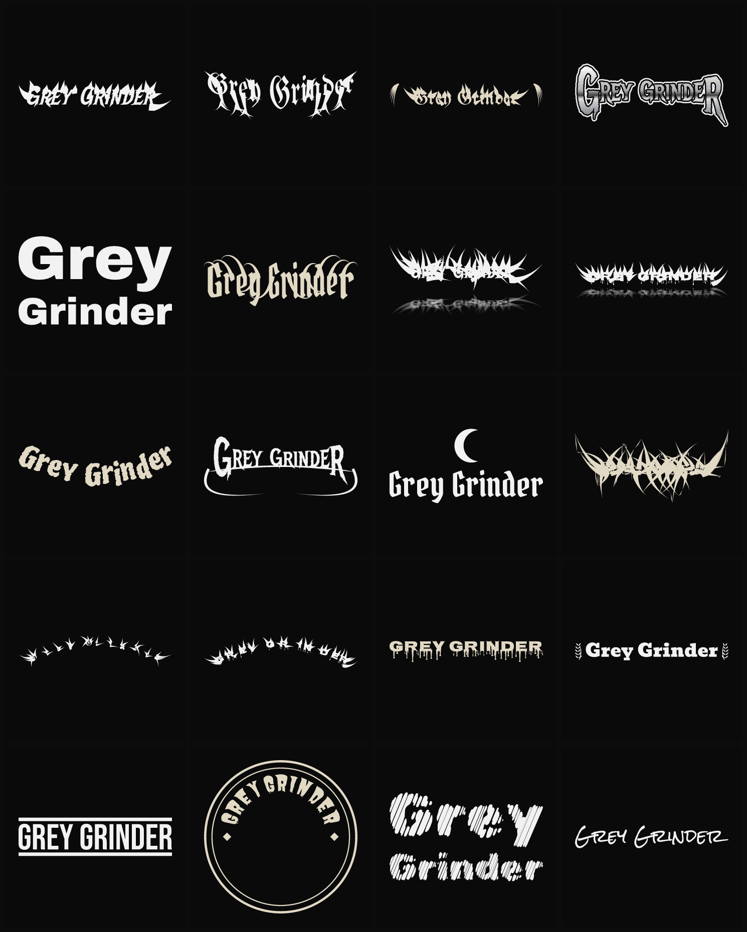 Twenty Grey Grinder band logo ideas — different faces, treatments and spike settings