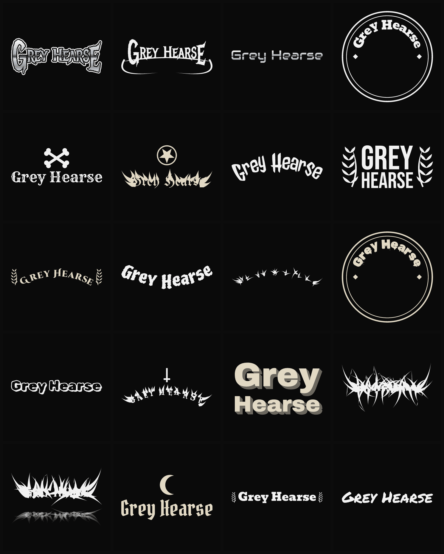 Twenty Grey Hearse band logo ideas — different faces, treatments and spike settings