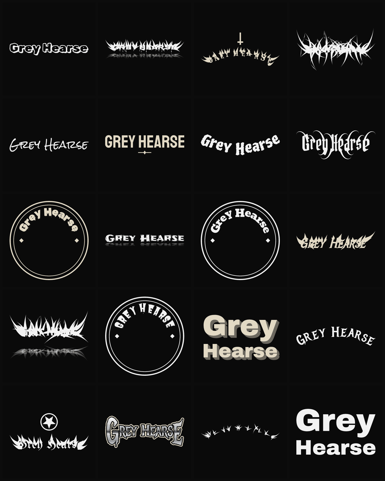 Twenty Grey Hearse band logo ideas — different faces, treatments and spike settings