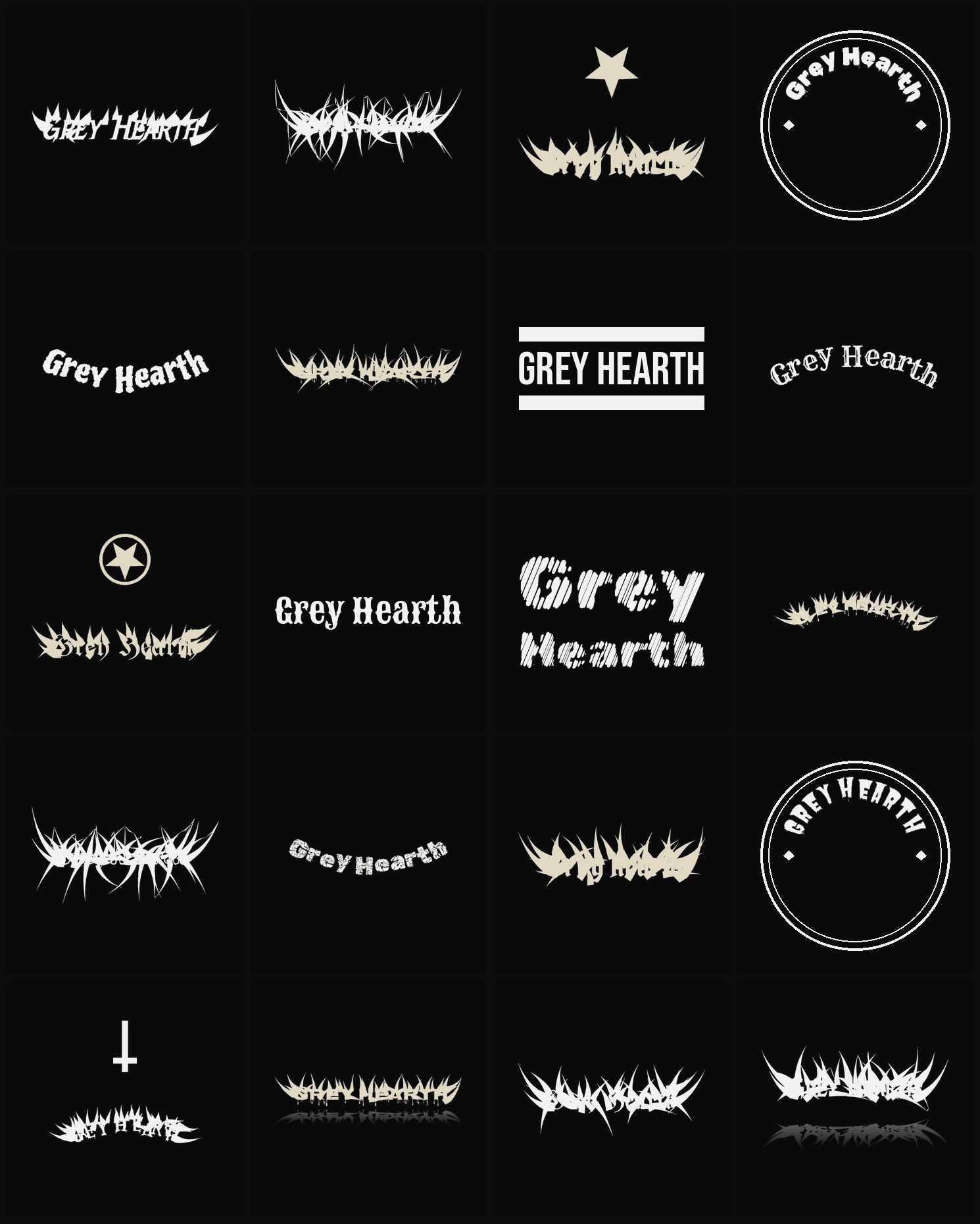 Twenty Grey Hearth band logo ideas — different faces, treatments and spike settings