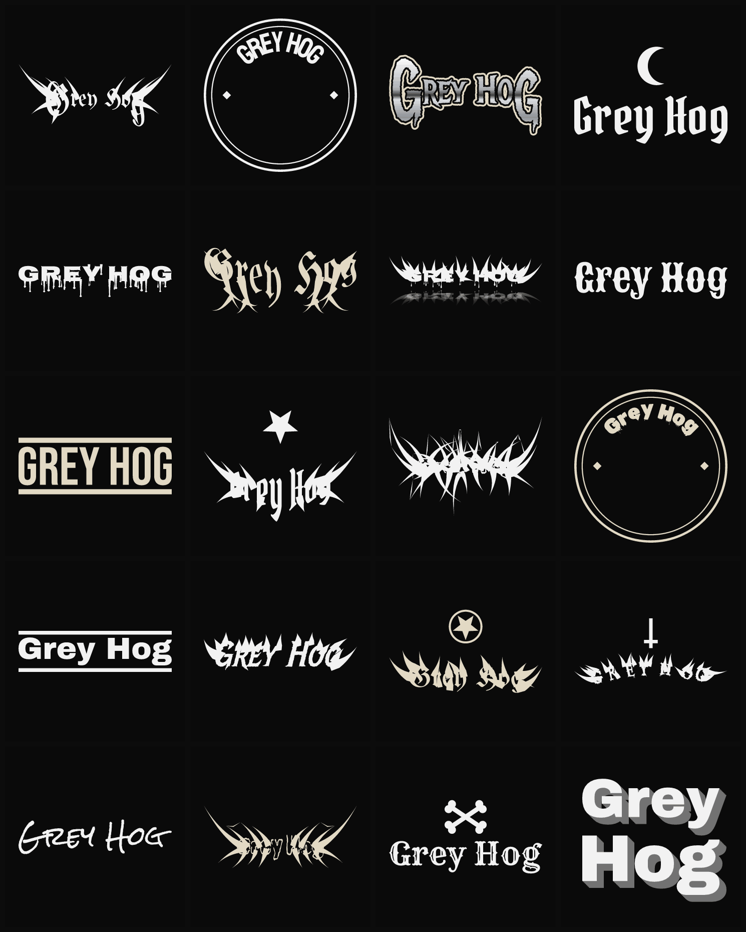 Twenty Grey Hog band logo ideas — different faces, treatments and spike settings