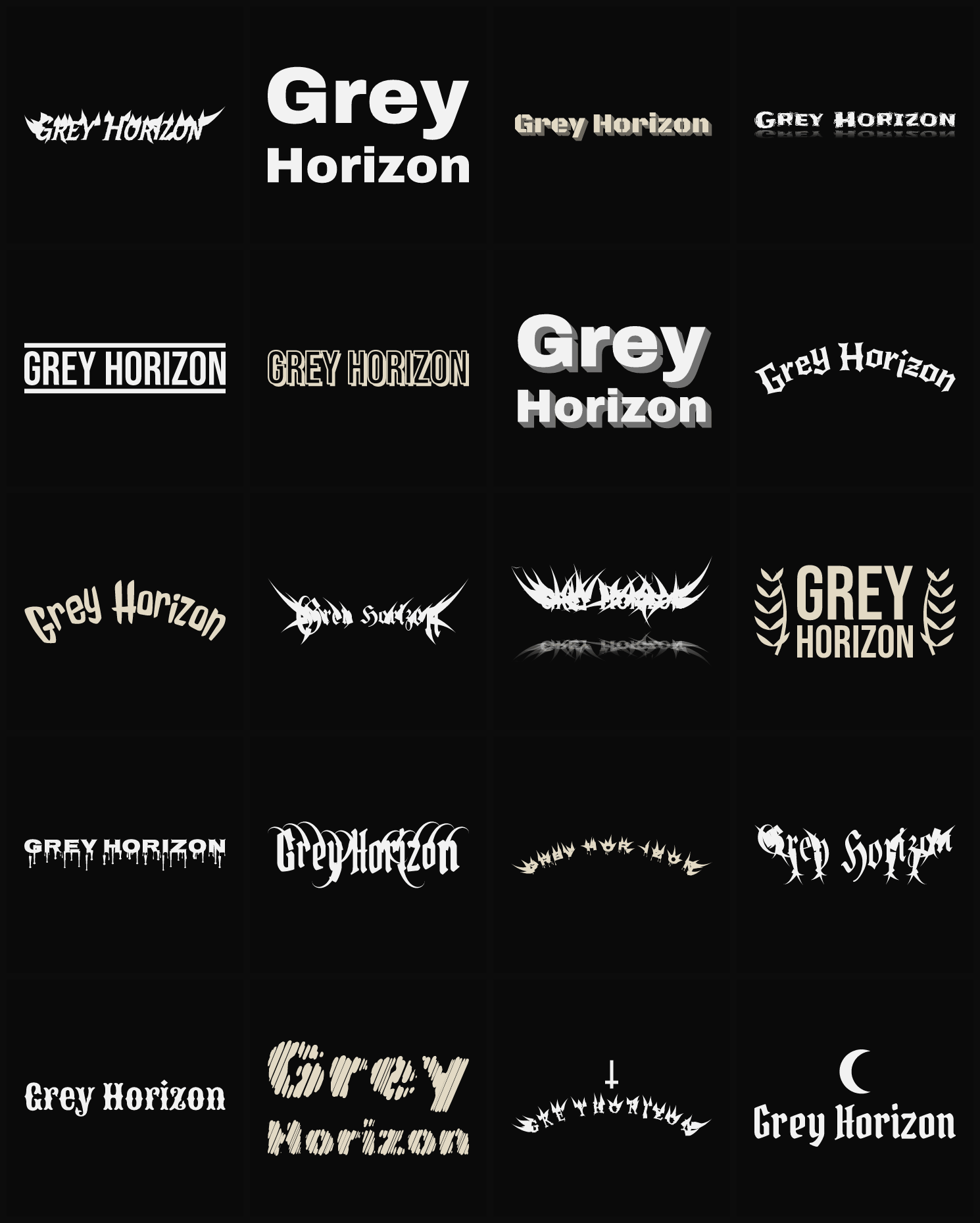 Twenty Grey Horizon band logo ideas — different faces, treatments and spike settings