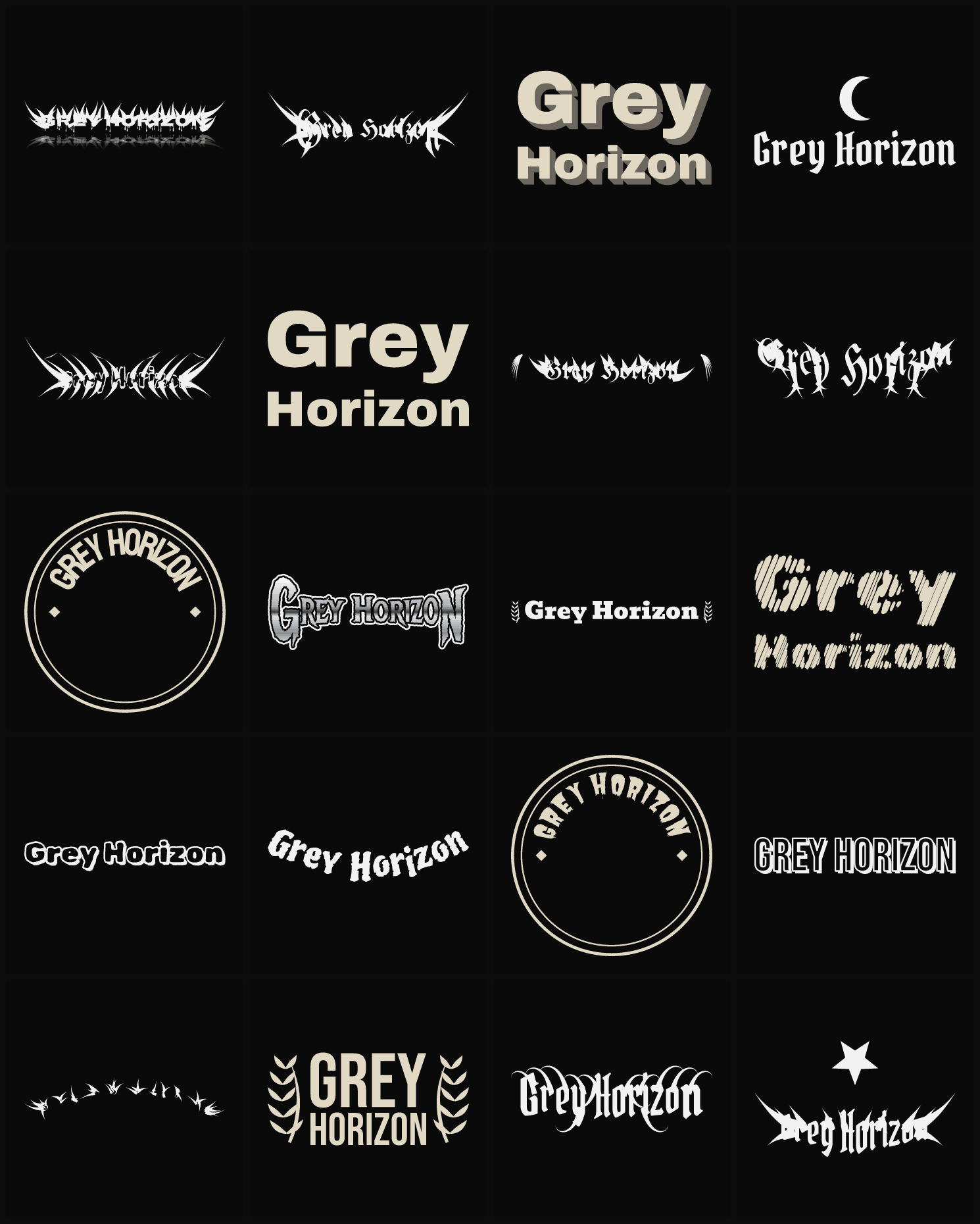 Twenty Grey Horizon band logo ideas — different faces, treatments and spike settings