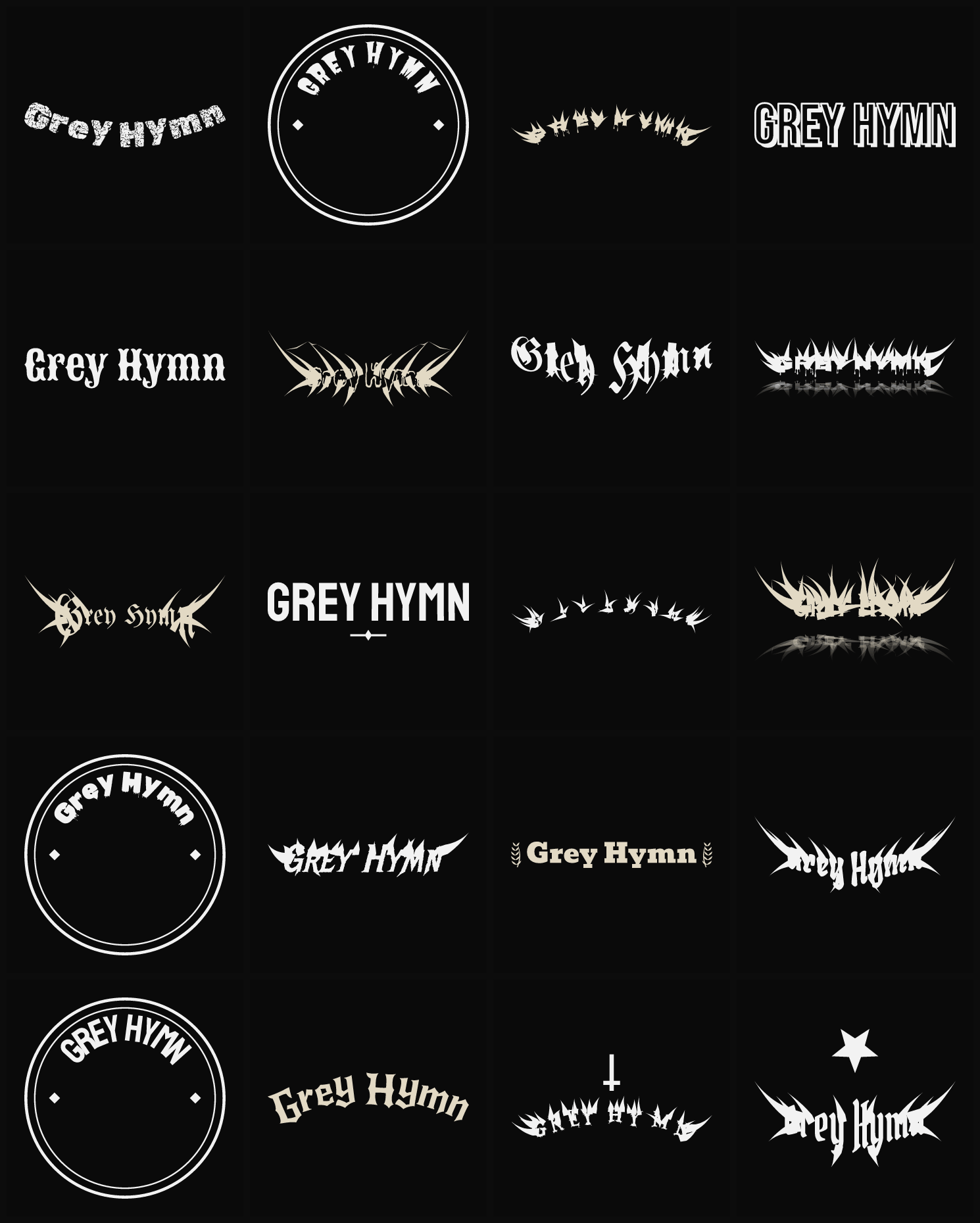 Twenty Grey Hymn band logo ideas — different faces, treatments and spike settings