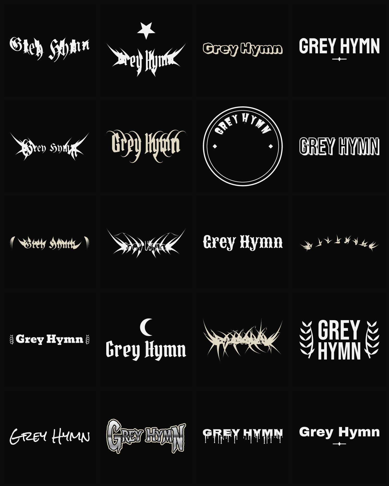 Twenty Grey Hymn band logo ideas — different faces, treatments and spike settings