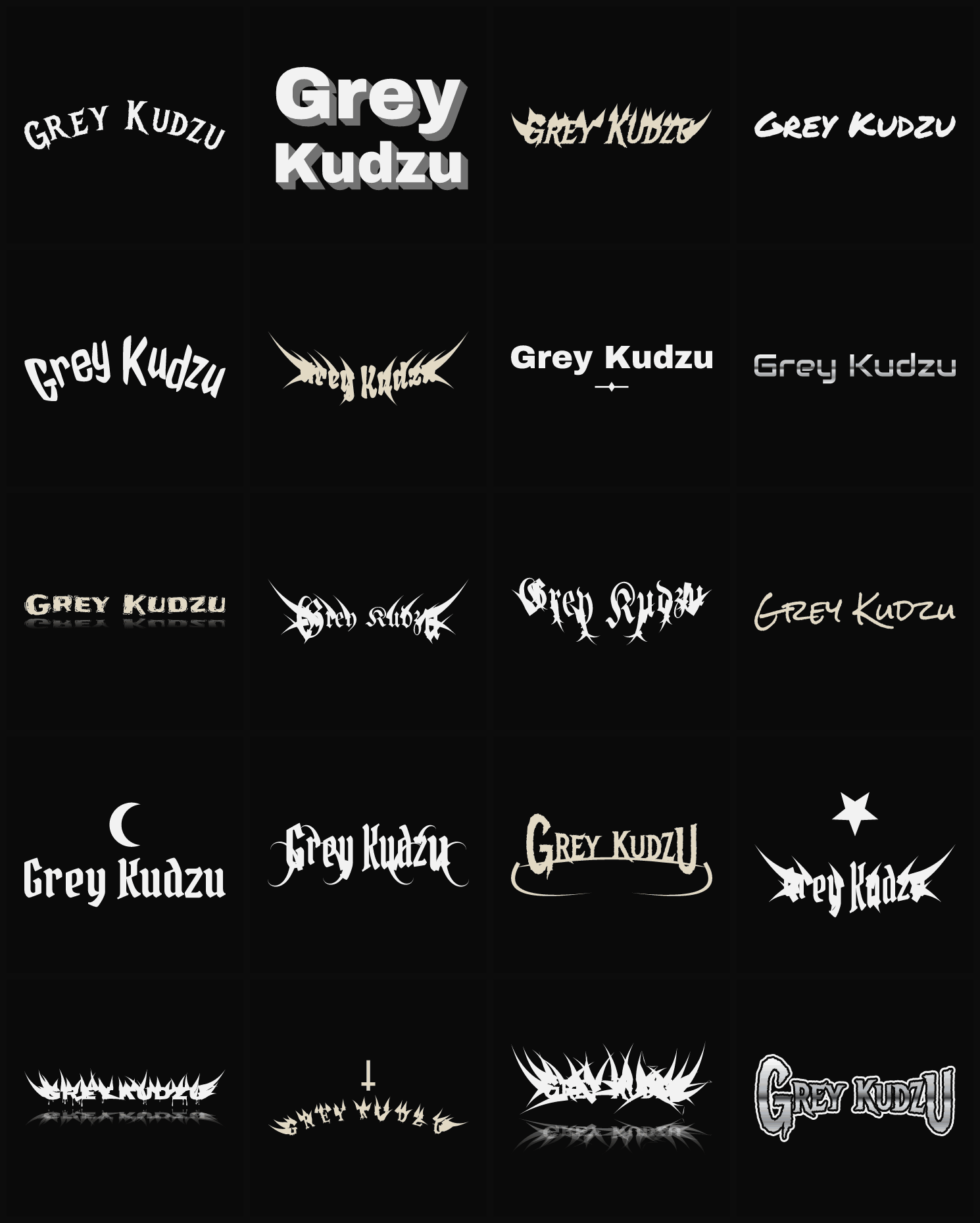 Twenty Grey Kudzu band logo ideas — different faces, treatments and spike settings