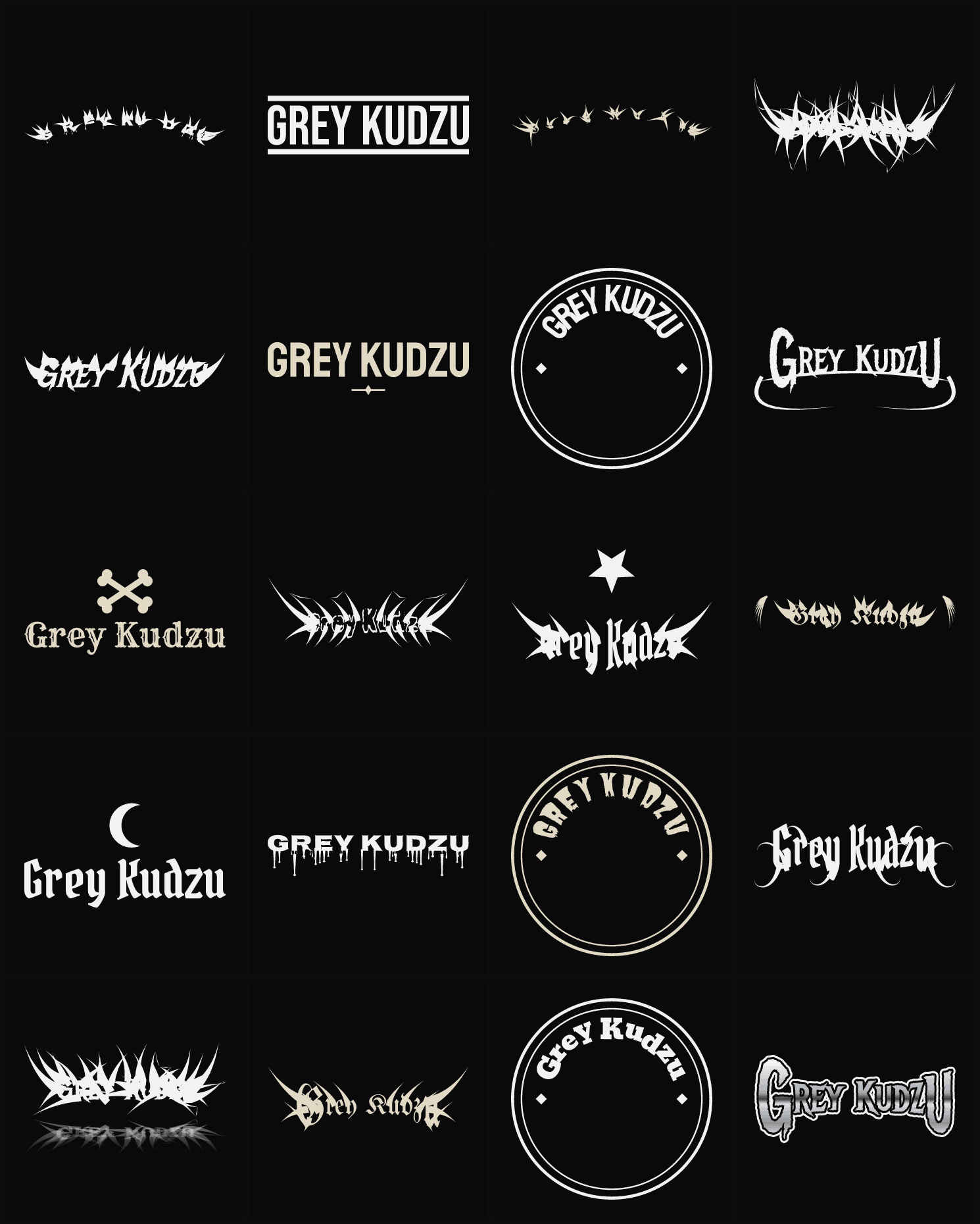 Twenty Grey Kudzu band logo ideas — different faces, treatments and spike settings