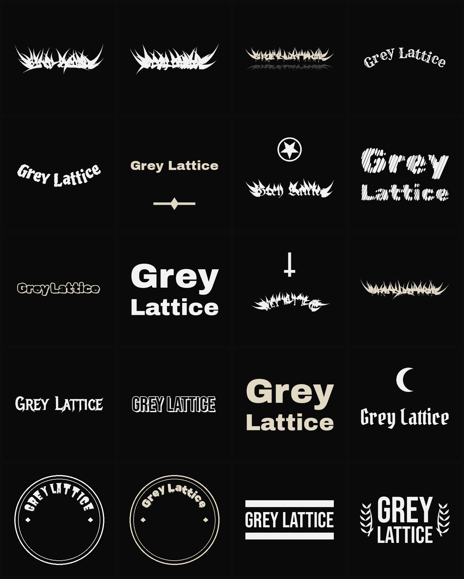 Twenty Grey Lattice band logo ideas — different faces, treatments and spike settings