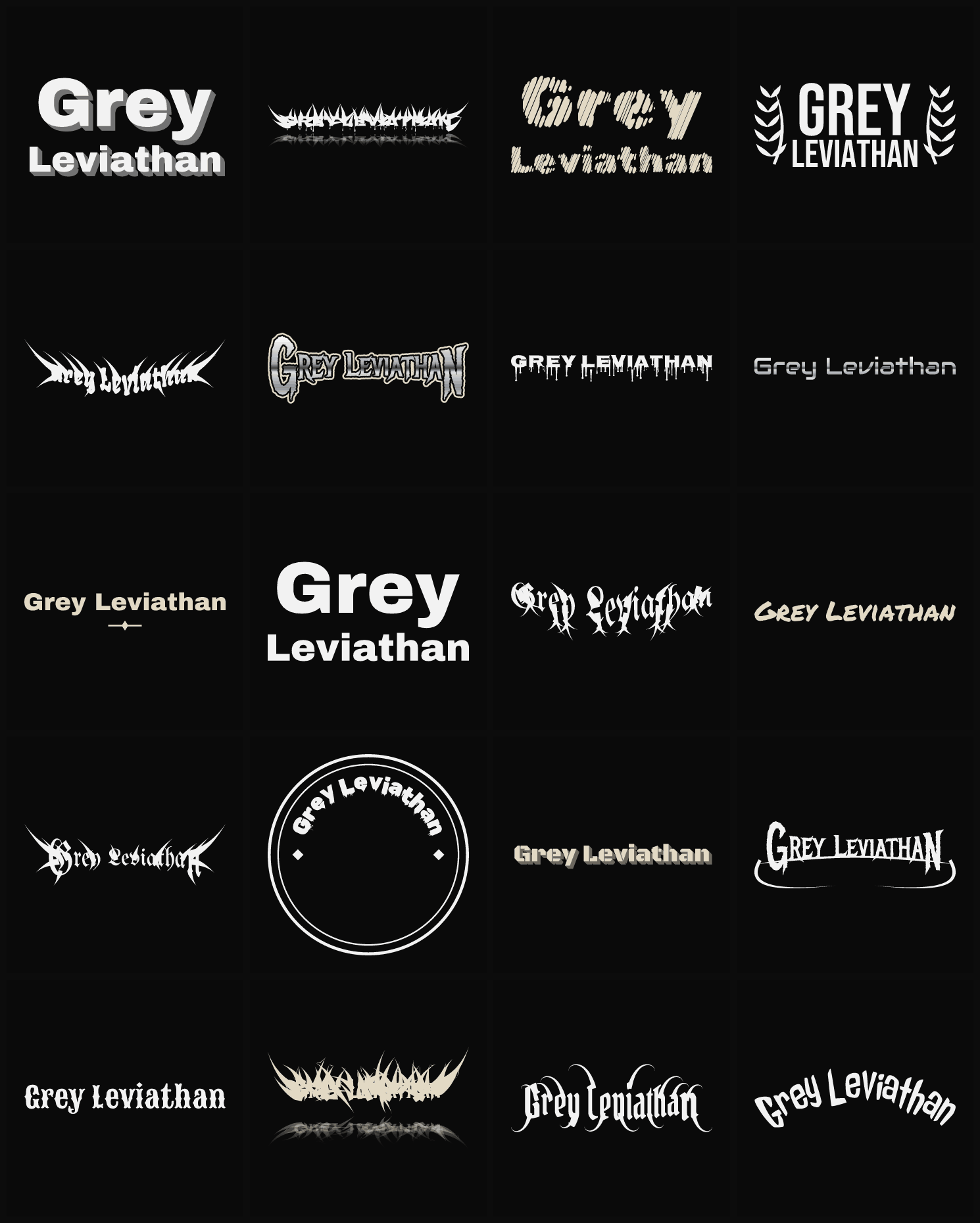 Twenty Grey Leviathan band logo ideas — different faces, treatments and spike settings