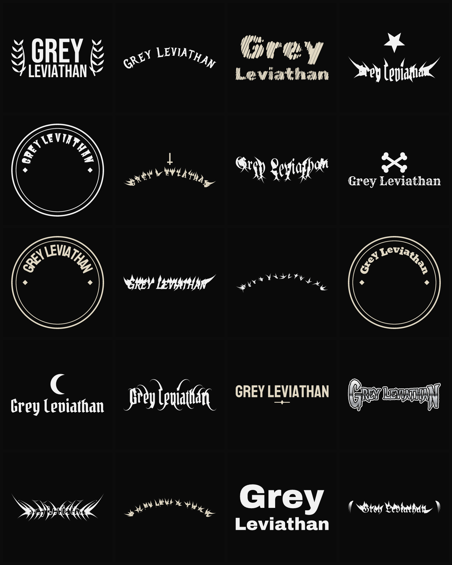 Twenty Grey Leviathan band logo ideas — different faces, treatments and spike settings