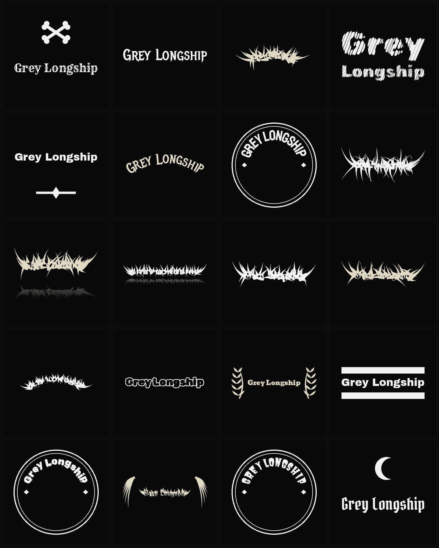 Twenty Grey Longship band logo ideas — different faces, treatments and spike settings