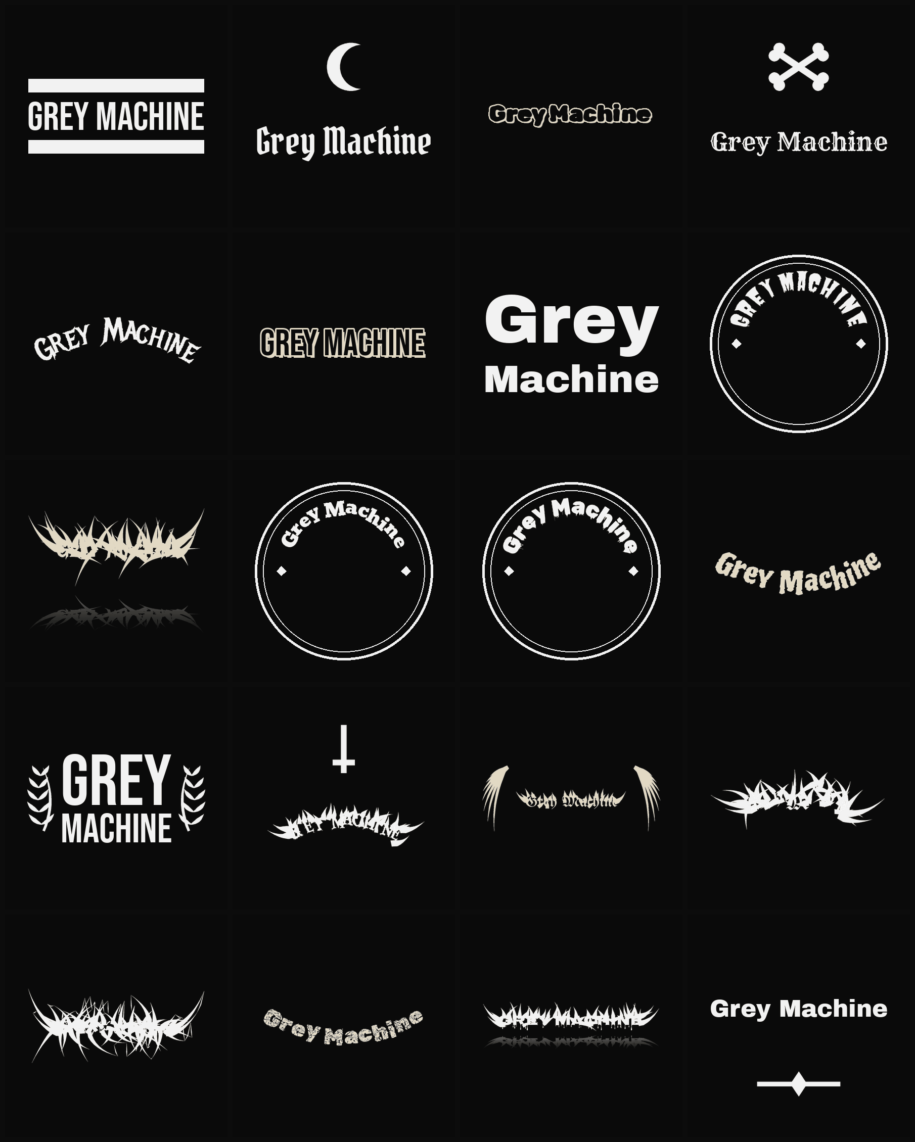 Twenty Grey Machine band logo ideas — different faces, treatments and spike settings