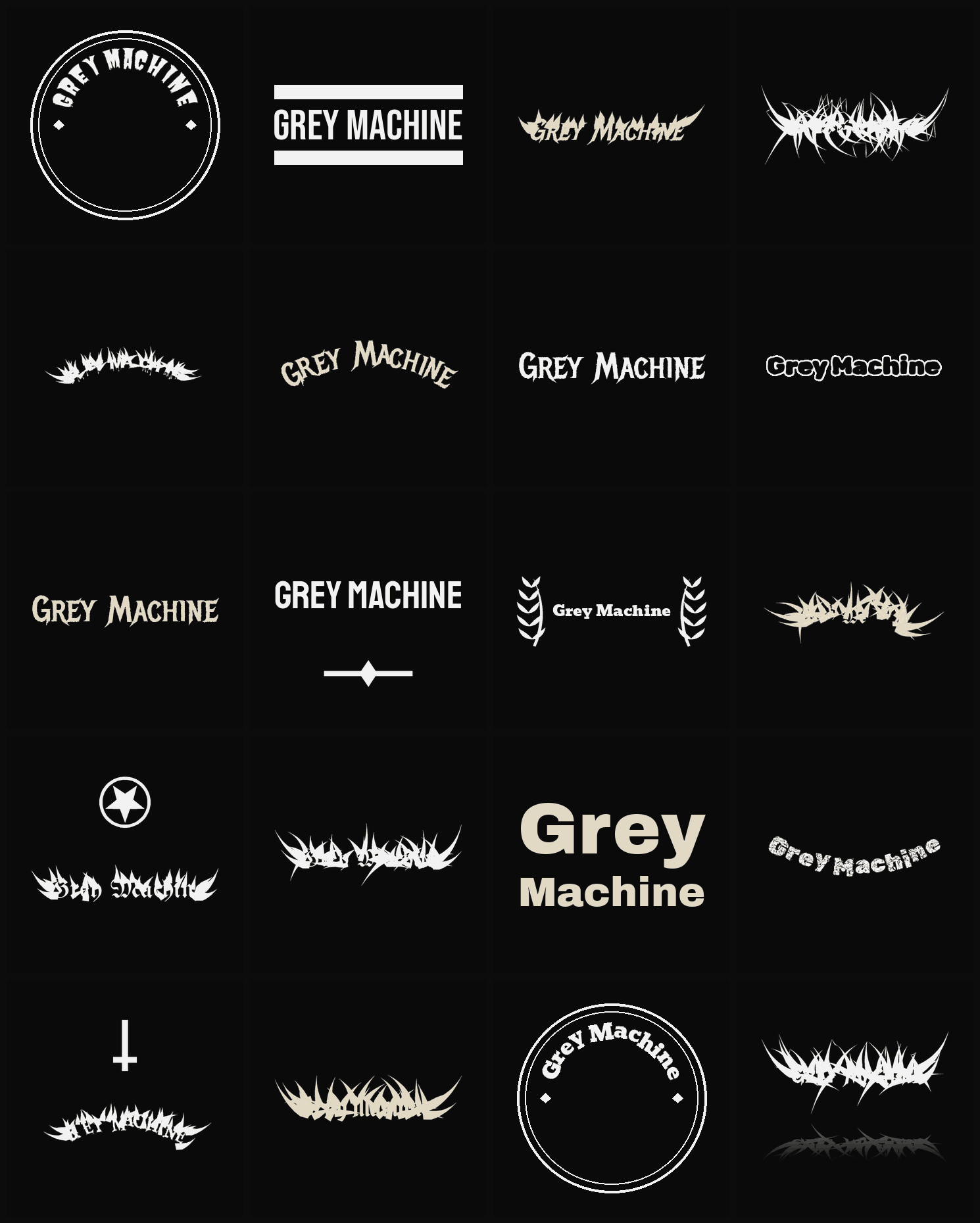 Twenty Grey Machine band logo ideas — different faces, treatments and spike settings