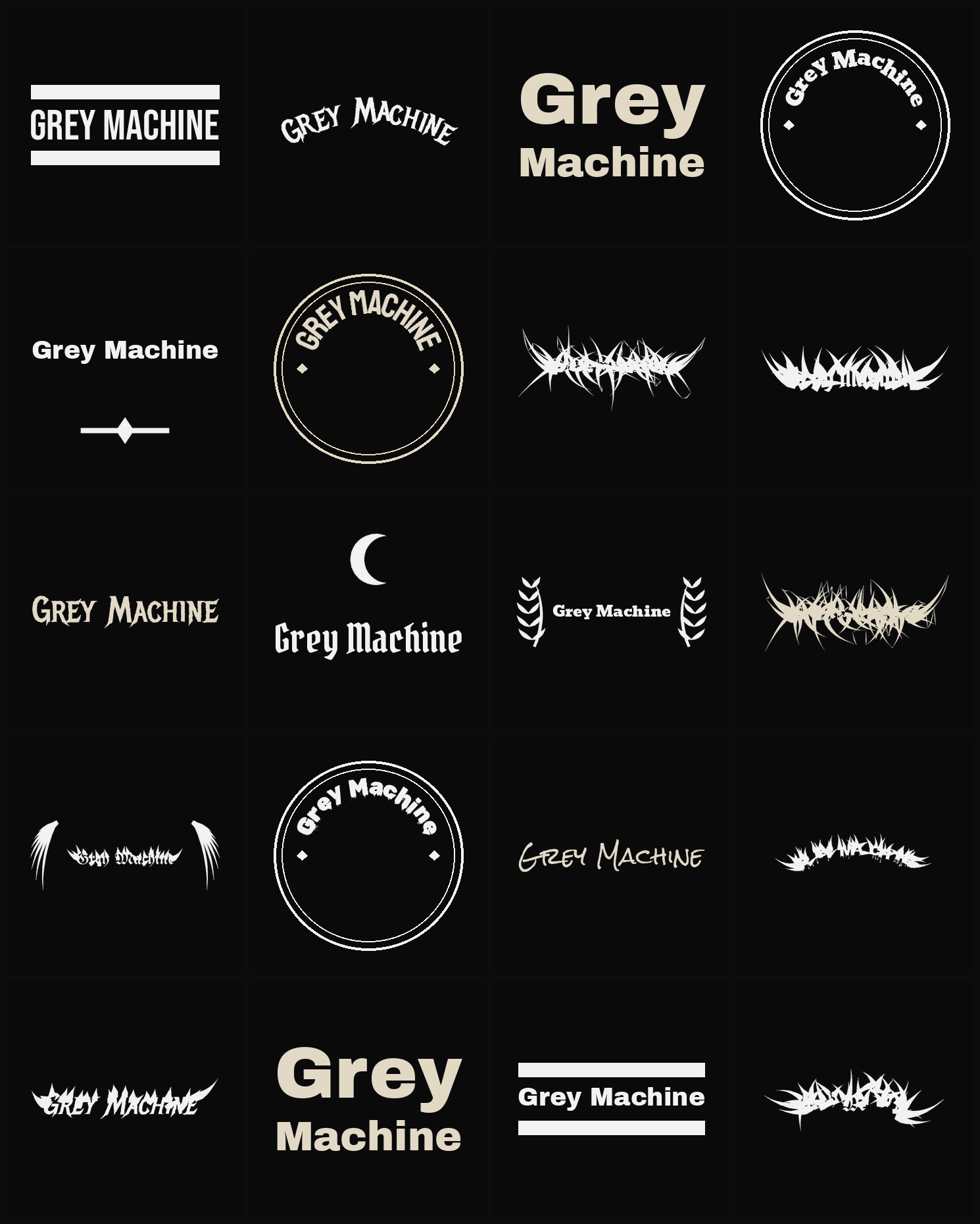 Twenty Grey Machine band logo ideas — different faces, treatments and spike settings