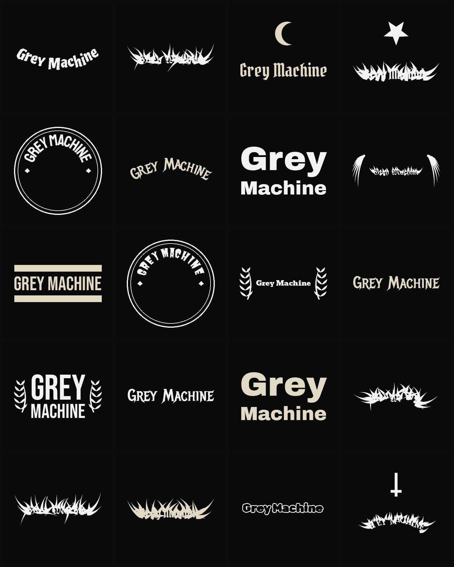 Twenty Grey Machine band logo ideas — different faces, treatments and spike settings