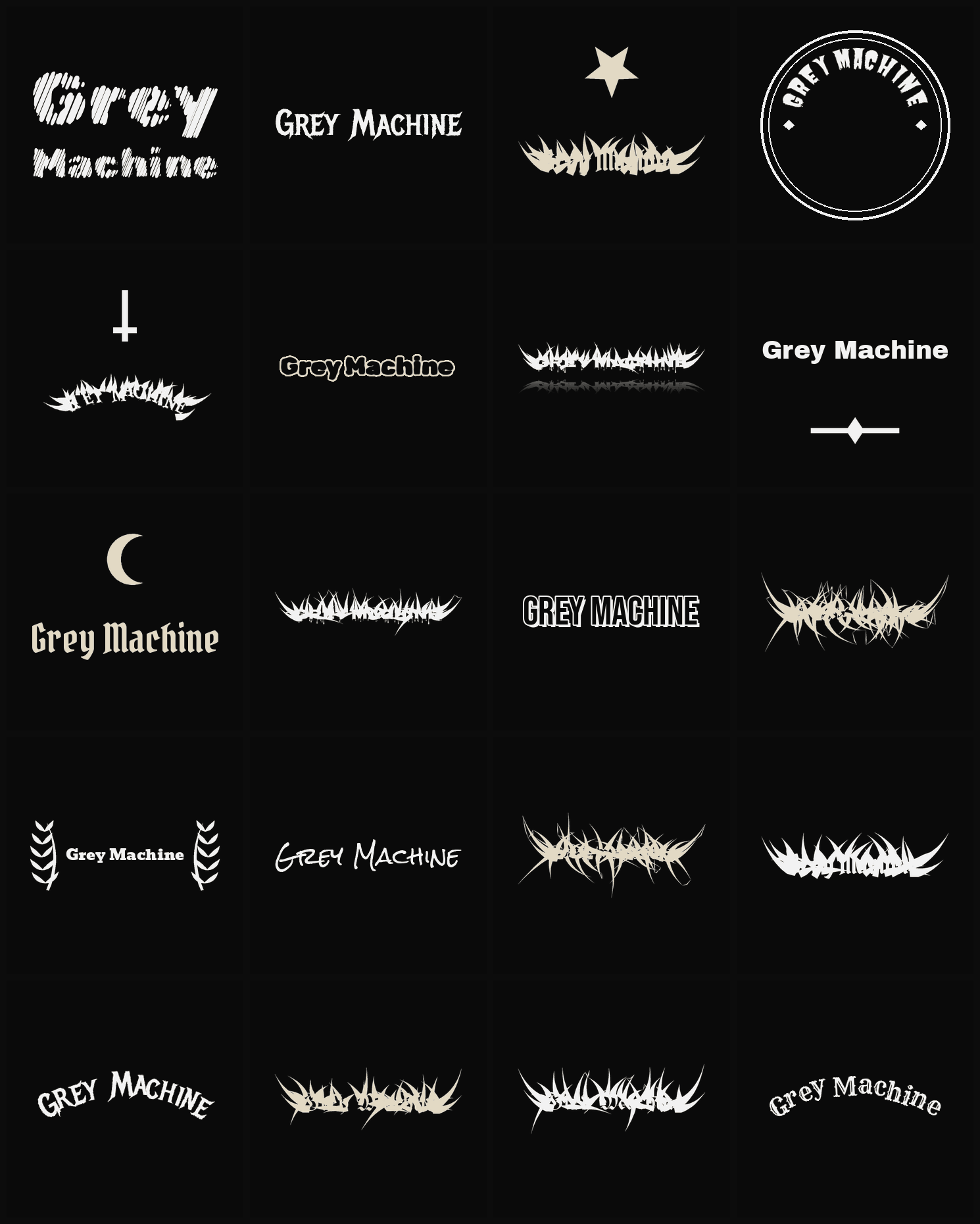 Twenty Grey Machine band logo ideas — different faces, treatments and spike settings
