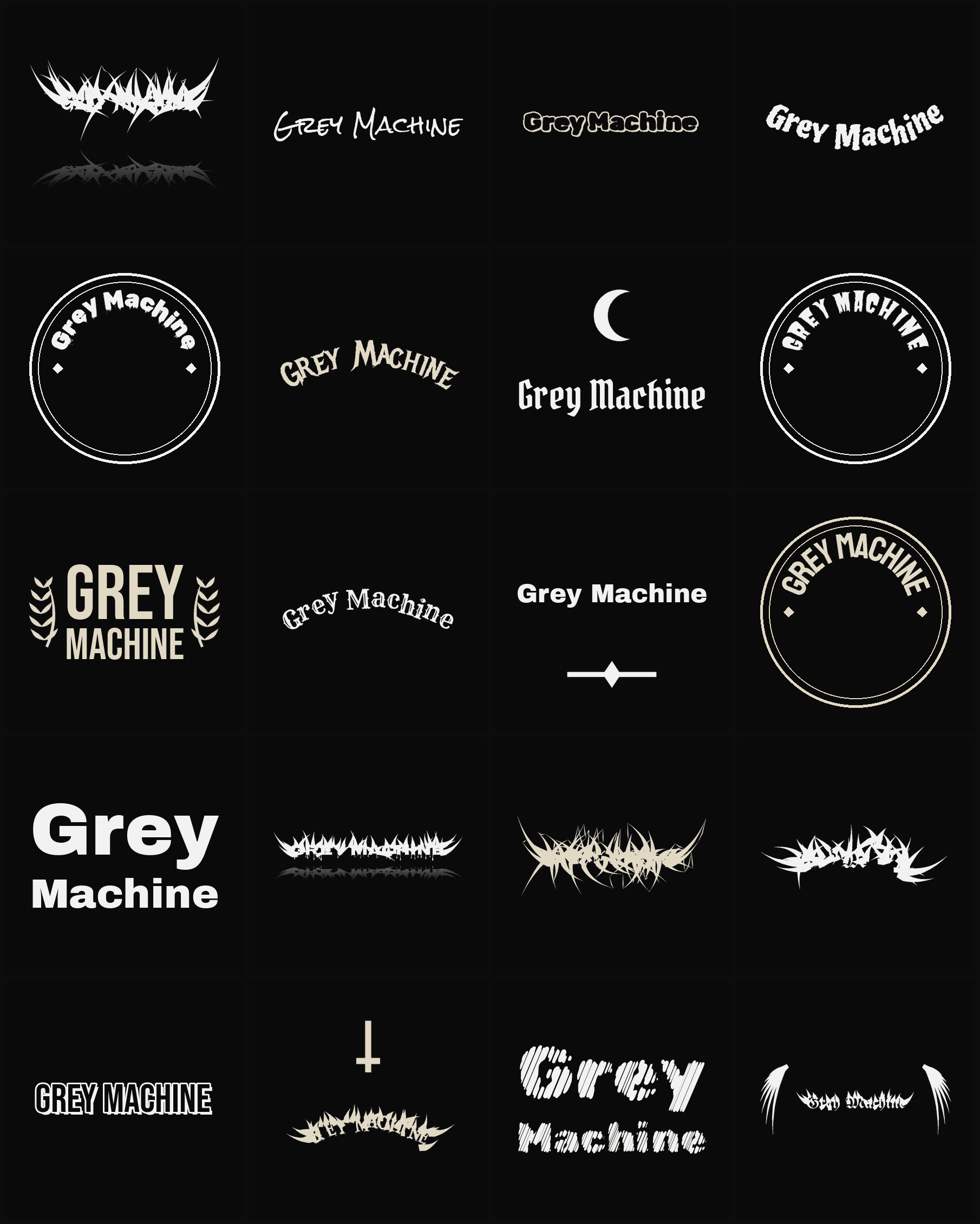 Twenty Grey Machine band logo ideas — different faces, treatments and spike settings