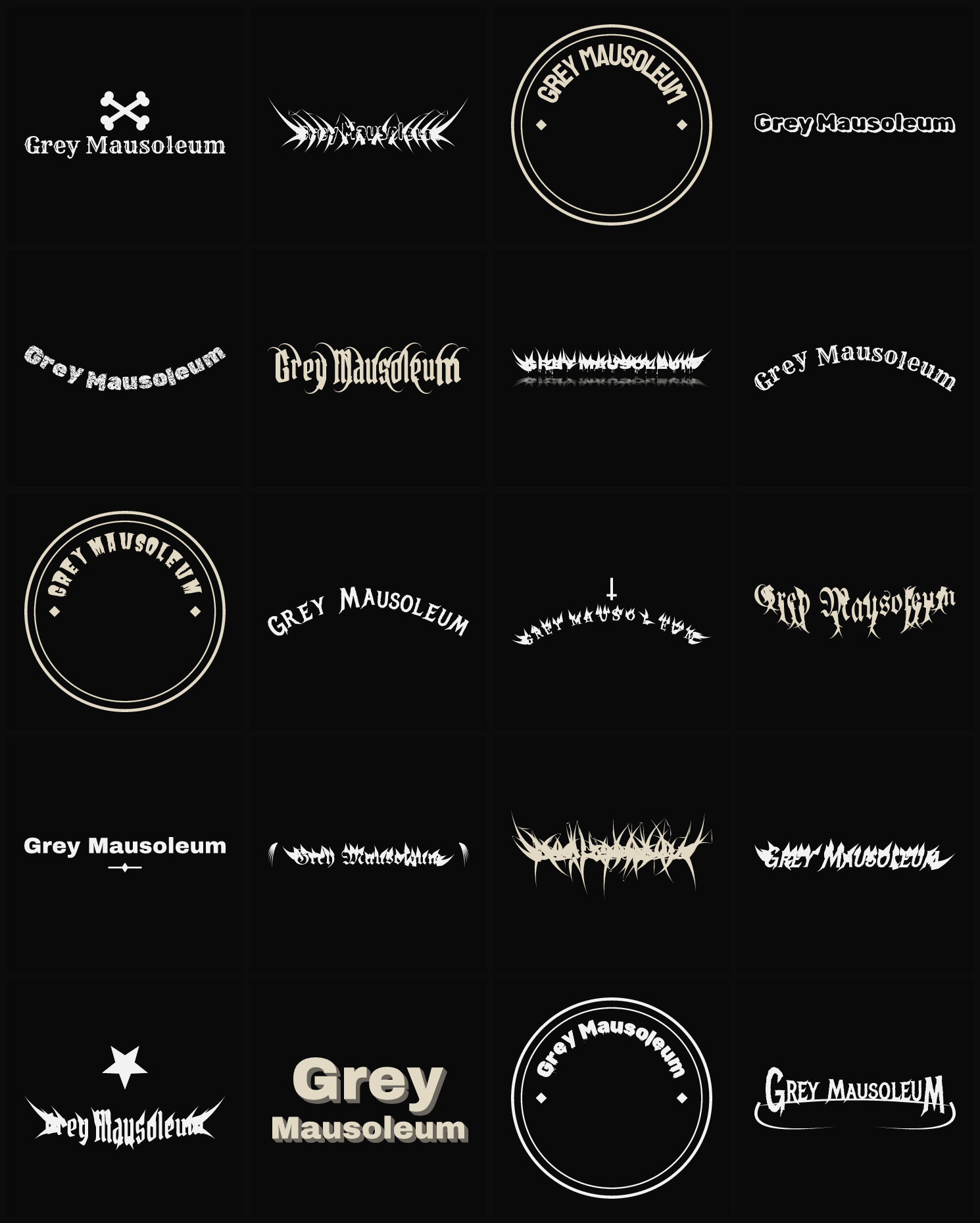 Twenty Grey Mausoleum band logo ideas — different faces, treatments and spike settings
