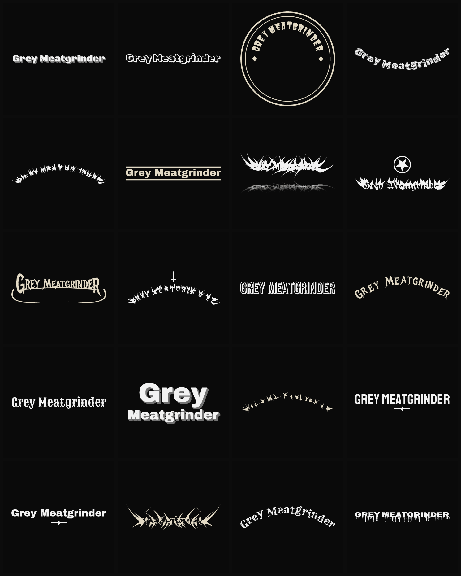 Twenty Grey Meatgrinder band logo ideas — different faces, treatments and spike settings