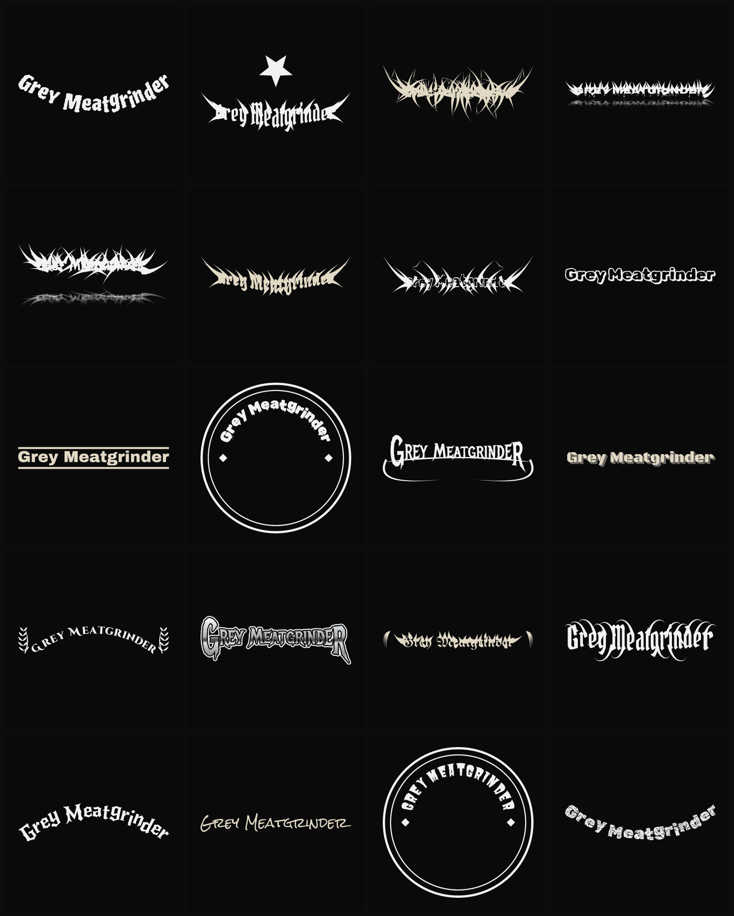 Twenty Grey Meatgrinder band logo ideas — different faces, treatments and spike settings