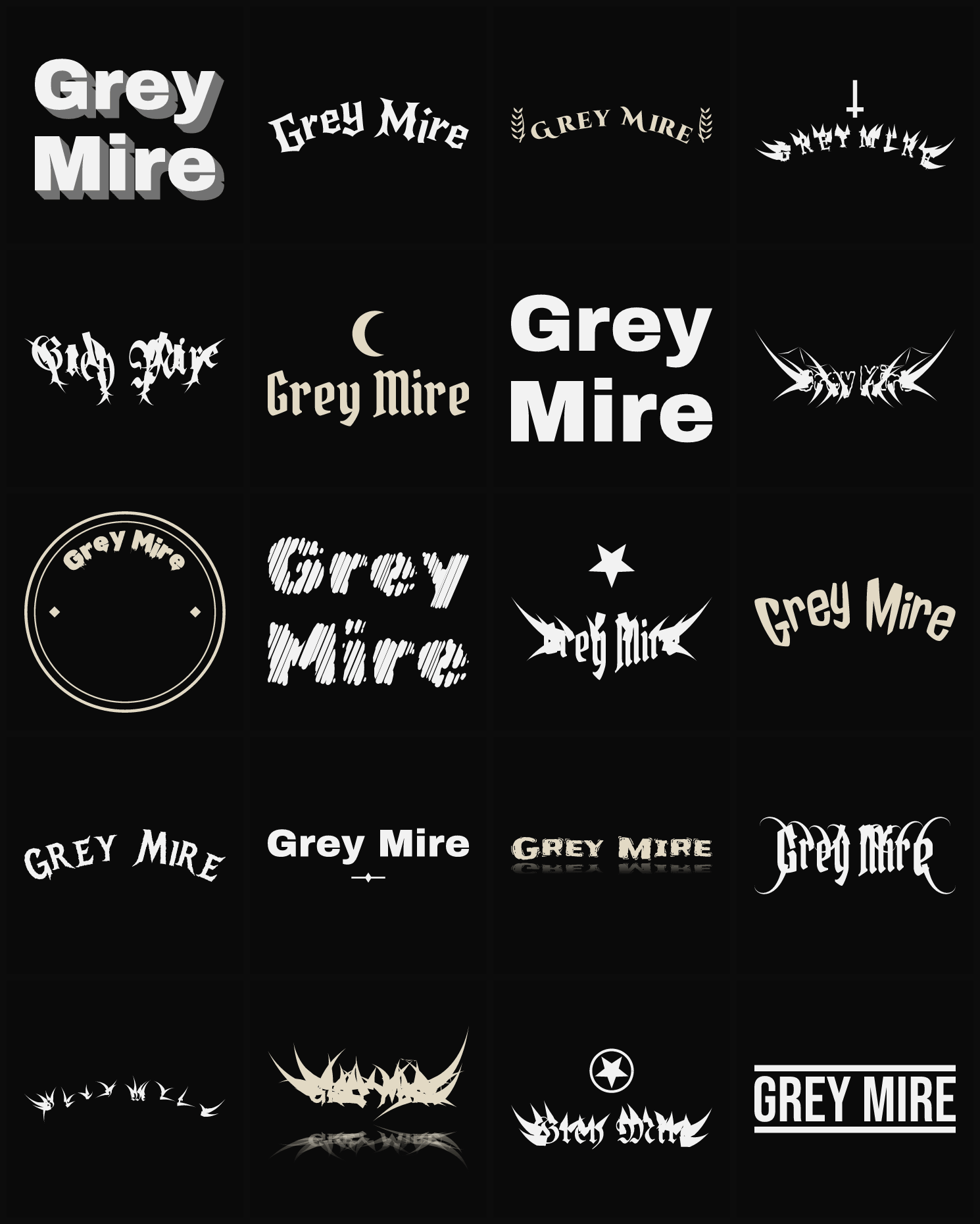 Twenty Grey Mire band logo ideas — different faces, treatments and spike settings