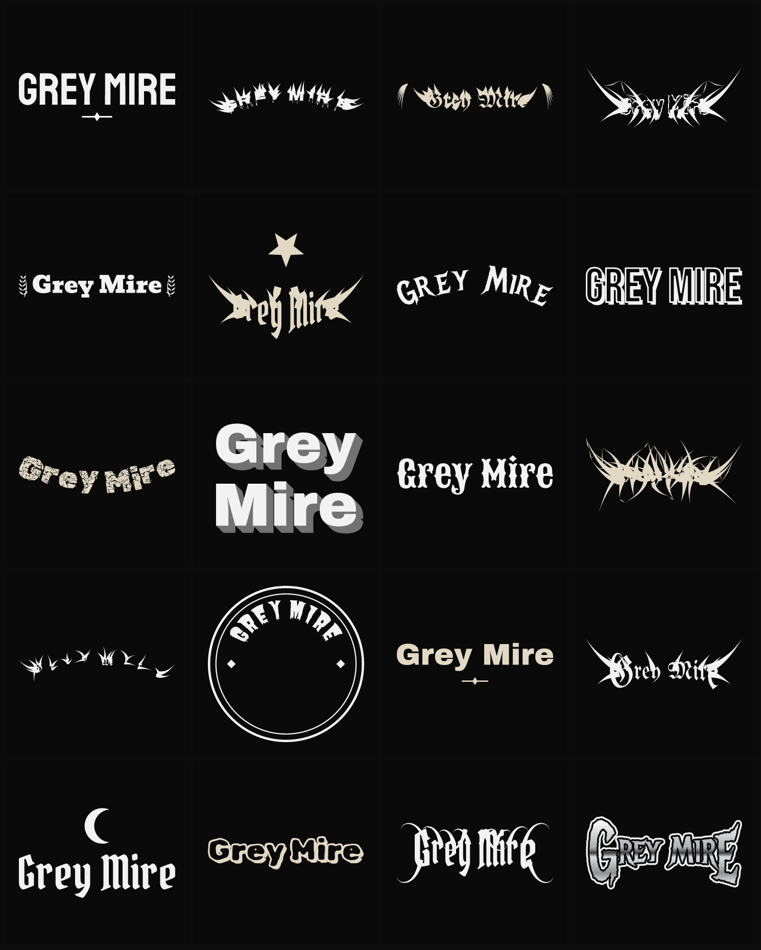 Twenty Grey Mire band logo ideas — different faces, treatments and spike settings